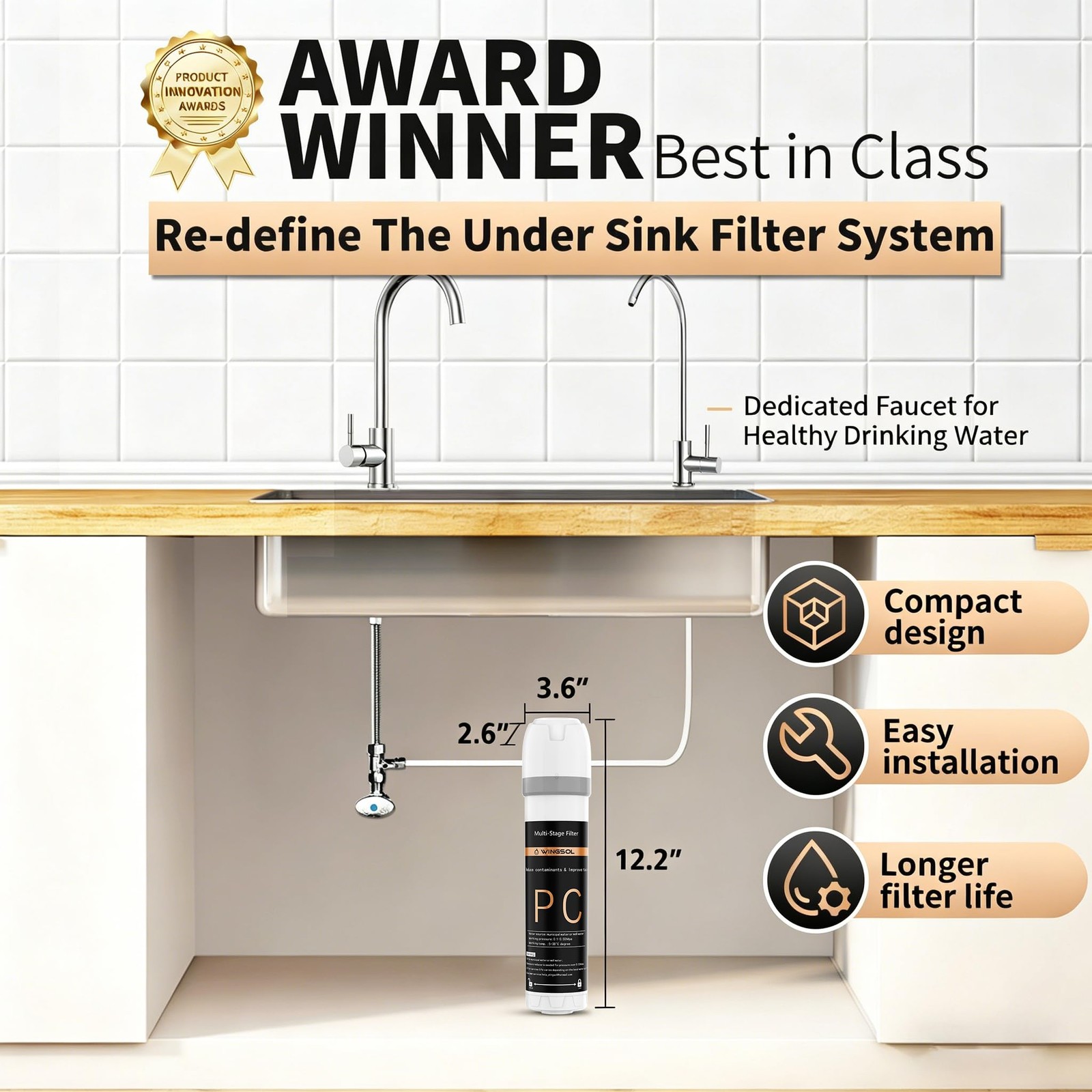 WINGSOL Under Sink Water Filter System with Chrome 1 Count (Pack of 1)