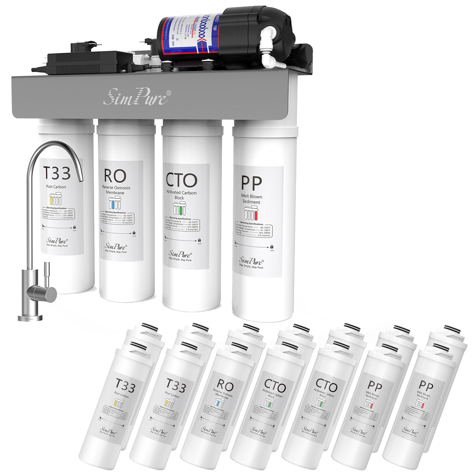 SimPure WP-400GPD 8 Stage UV Reverse Osmosis System Tankless Extra Water Filters
