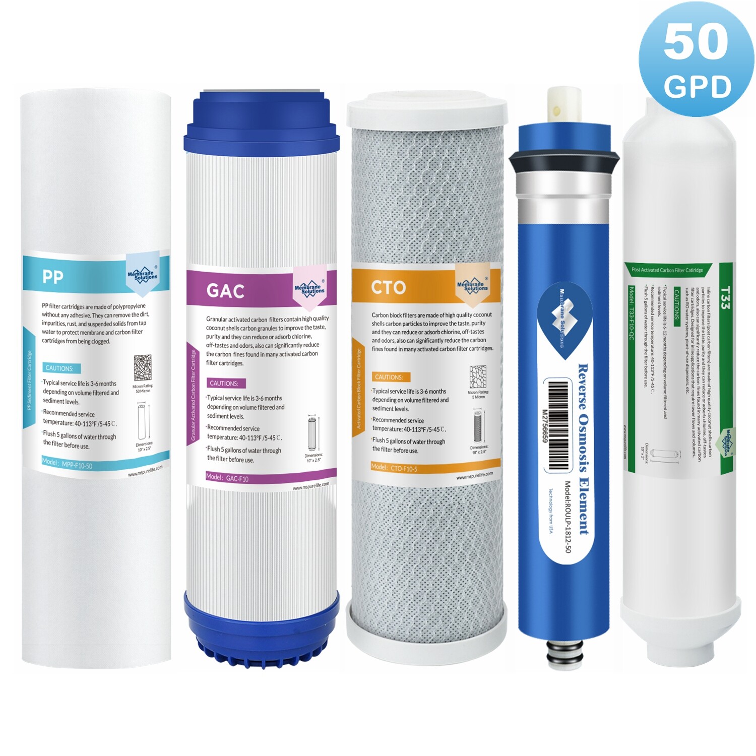 5 Stage Reverse Osmosis System Water Filter with 50GPD RO Membrane 5-Pack Set US