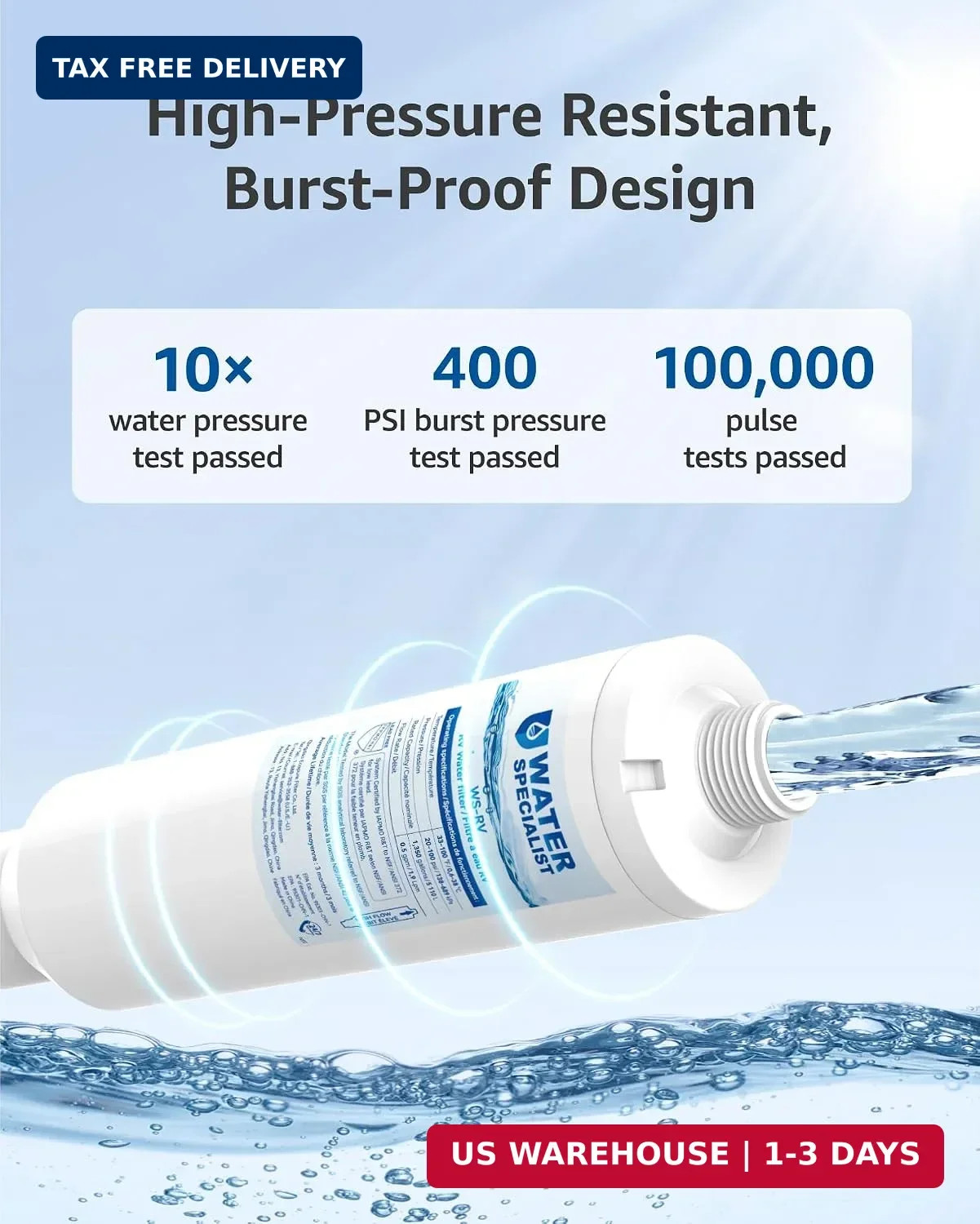 Waterspecialist RV Inline Water Filter, NSF Certified, Reduces Chlorine, Bad Tas