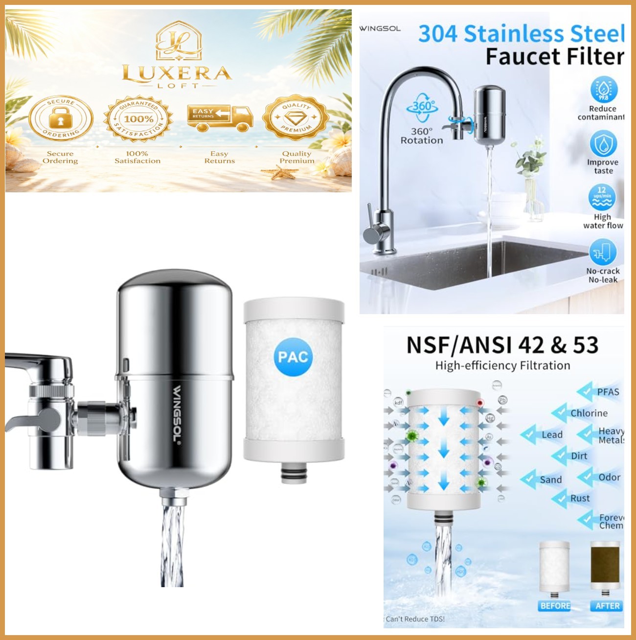 Faucet Mount Water Filter 304 Stainless Steel NSF 42 53 350 Gallons 360