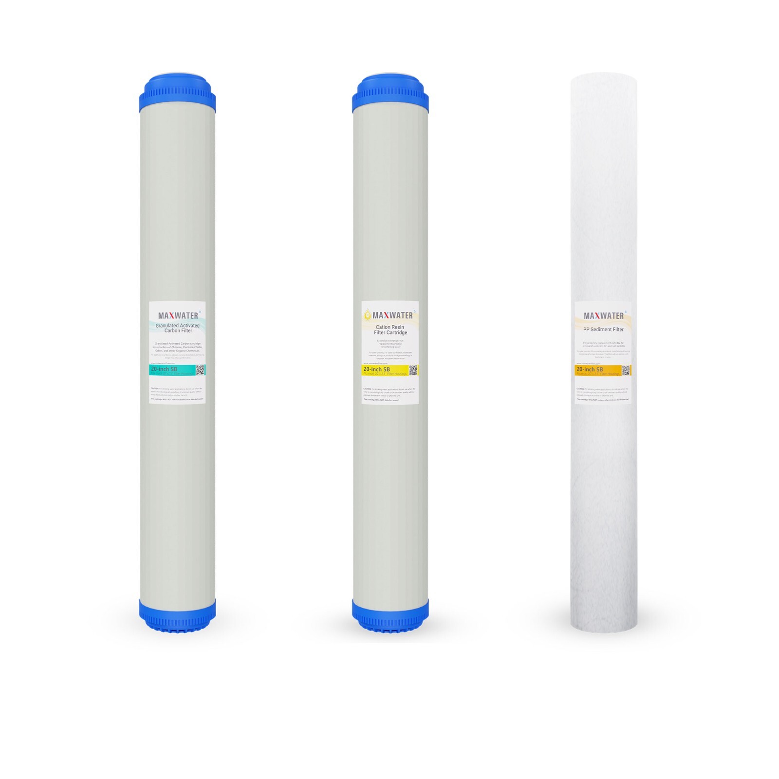 Max Water Whole House Water Filter Set 20″ x 2.5″ Cation, GAC, Sediment