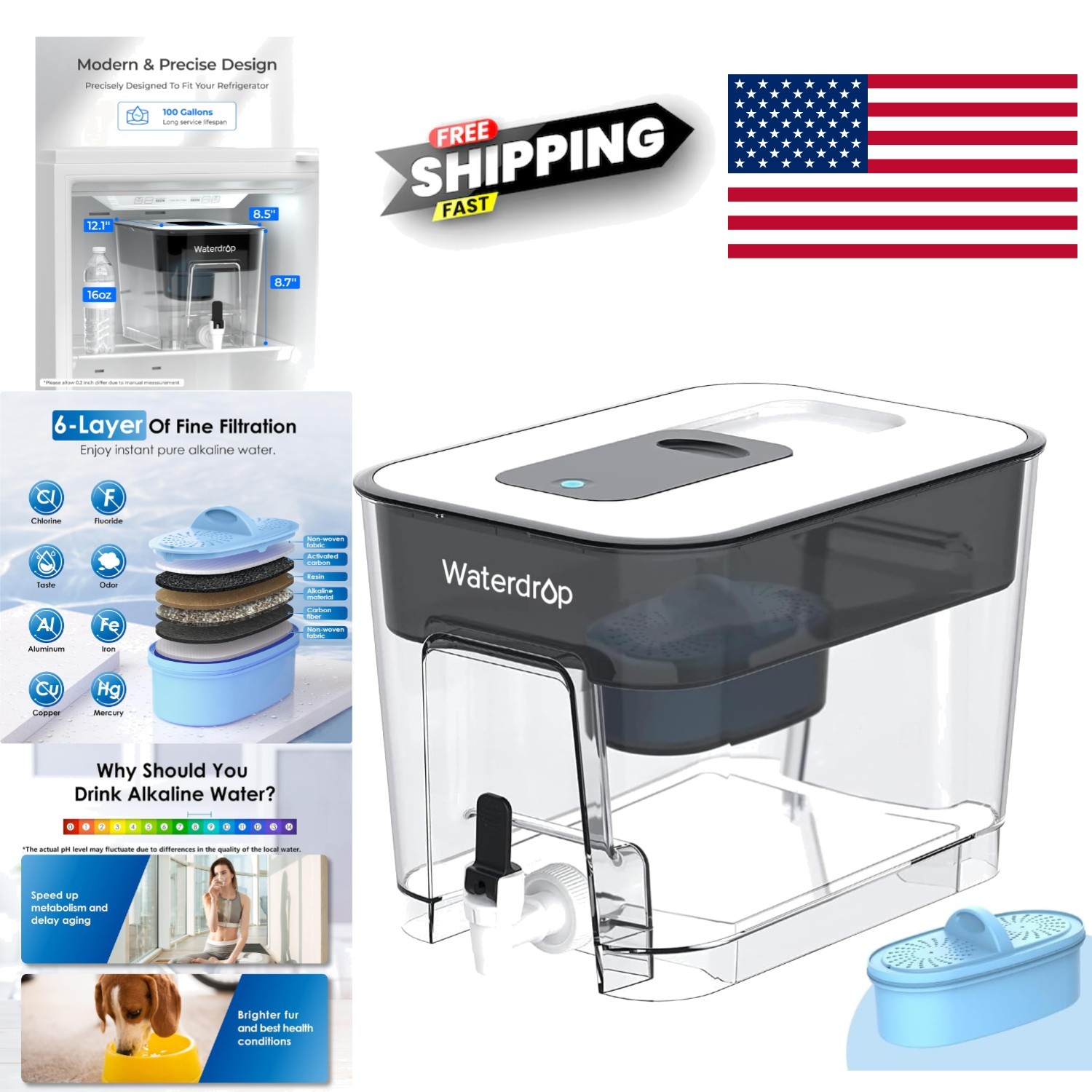 Large Water Filter Pitcher 100 Gallon Capacity Gravity Filtration Black Design