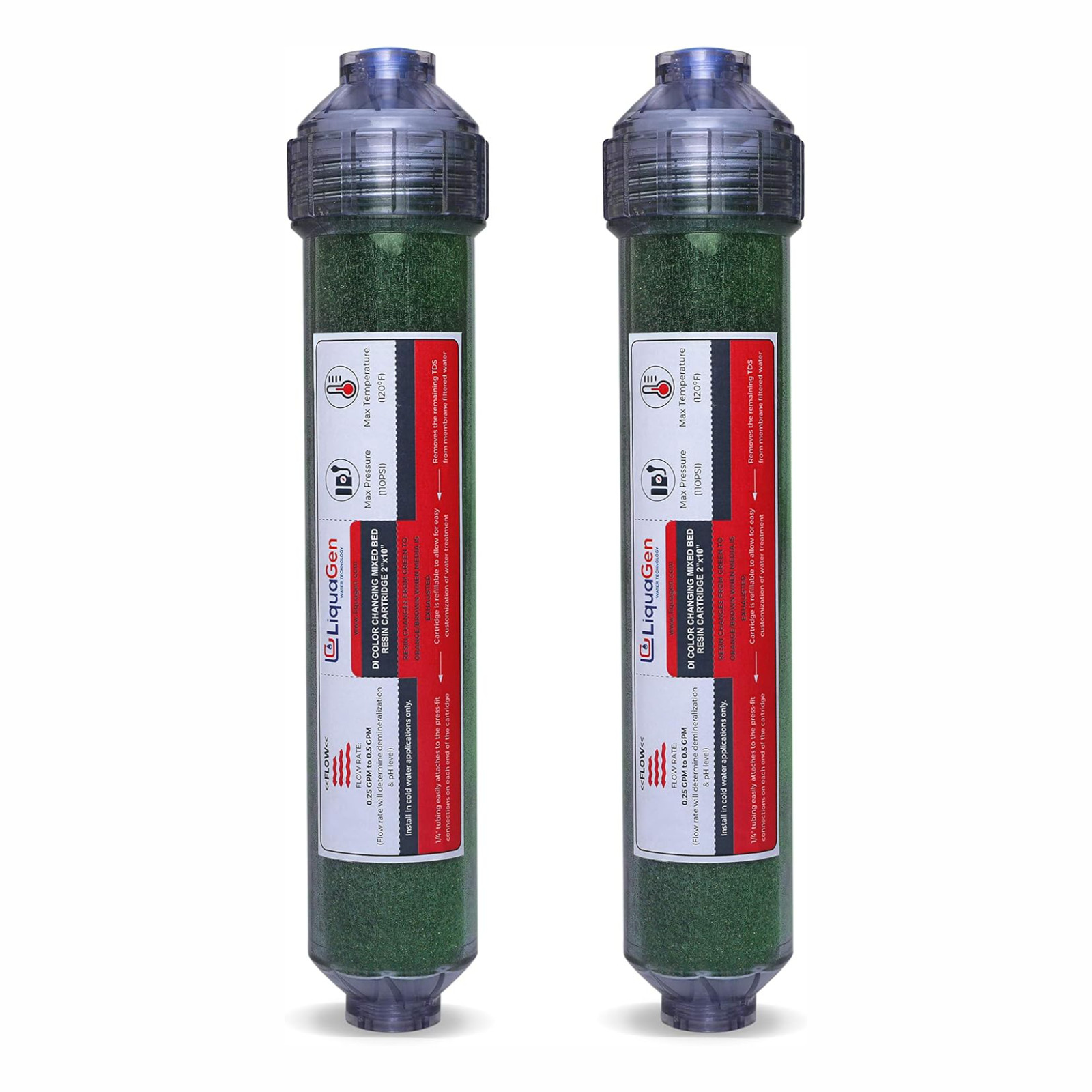 LiquaGen 2 Pack Inline DI Filter 1/4″ RO DI Canisters Zero TDS Resin
