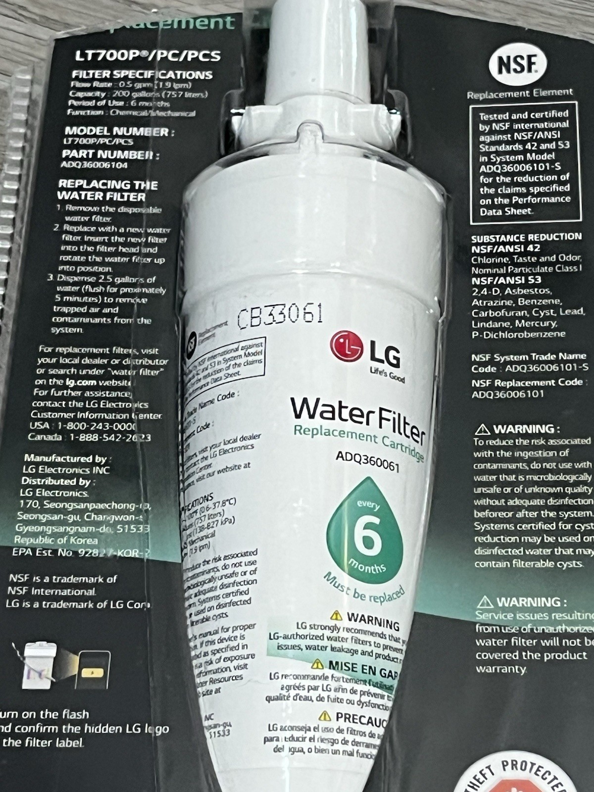 1 LG LT1000P/PC/PCS Refrigerator Water Filter Open Box New