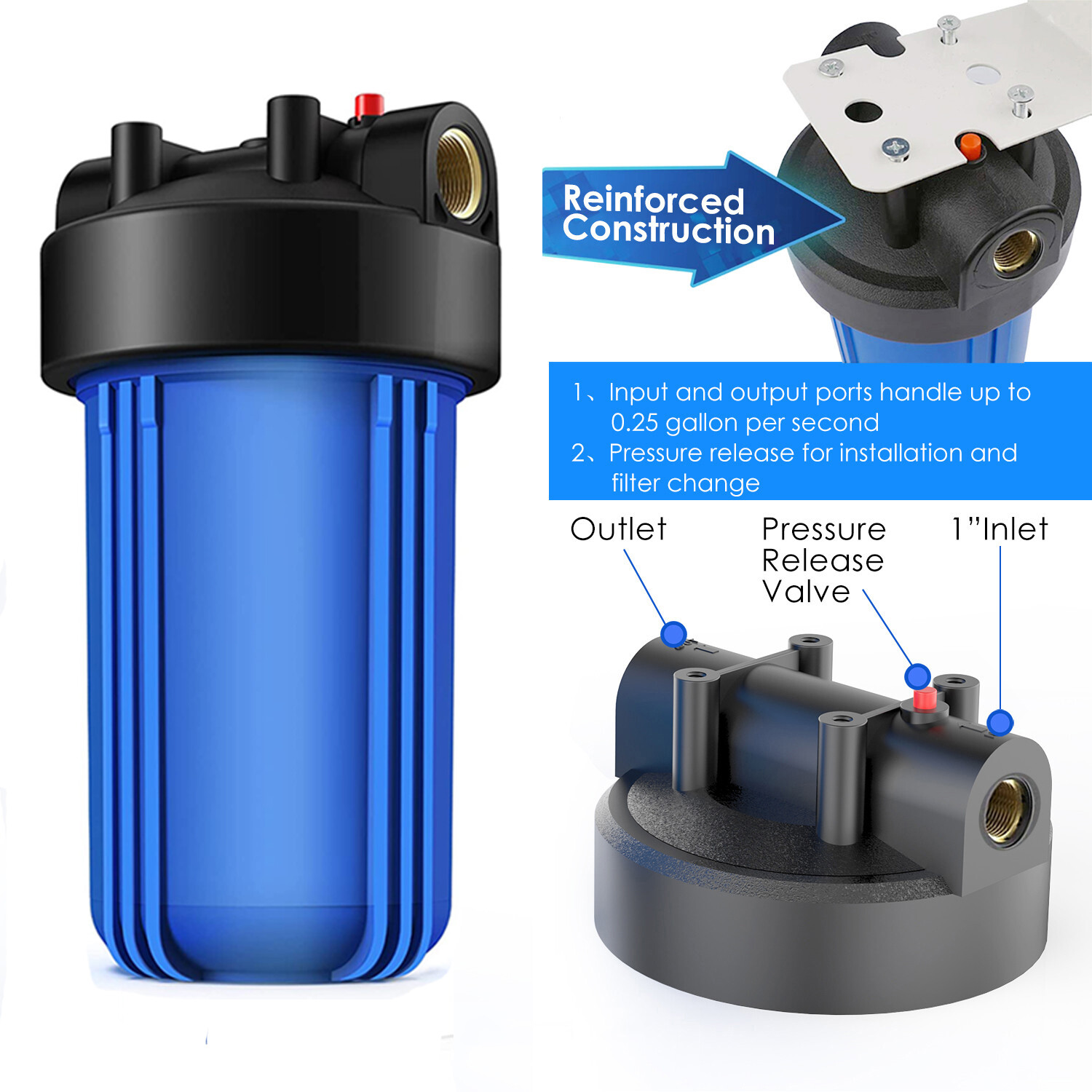 SimPure 20″ / 10″ Big Blue Whole House Water Filter Housing Filtration System RO