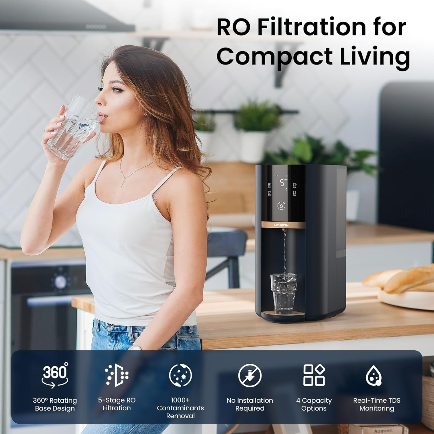 5-Stage Countertop Reverse Osmosis Water Filter with UV & 360° Swivel Base