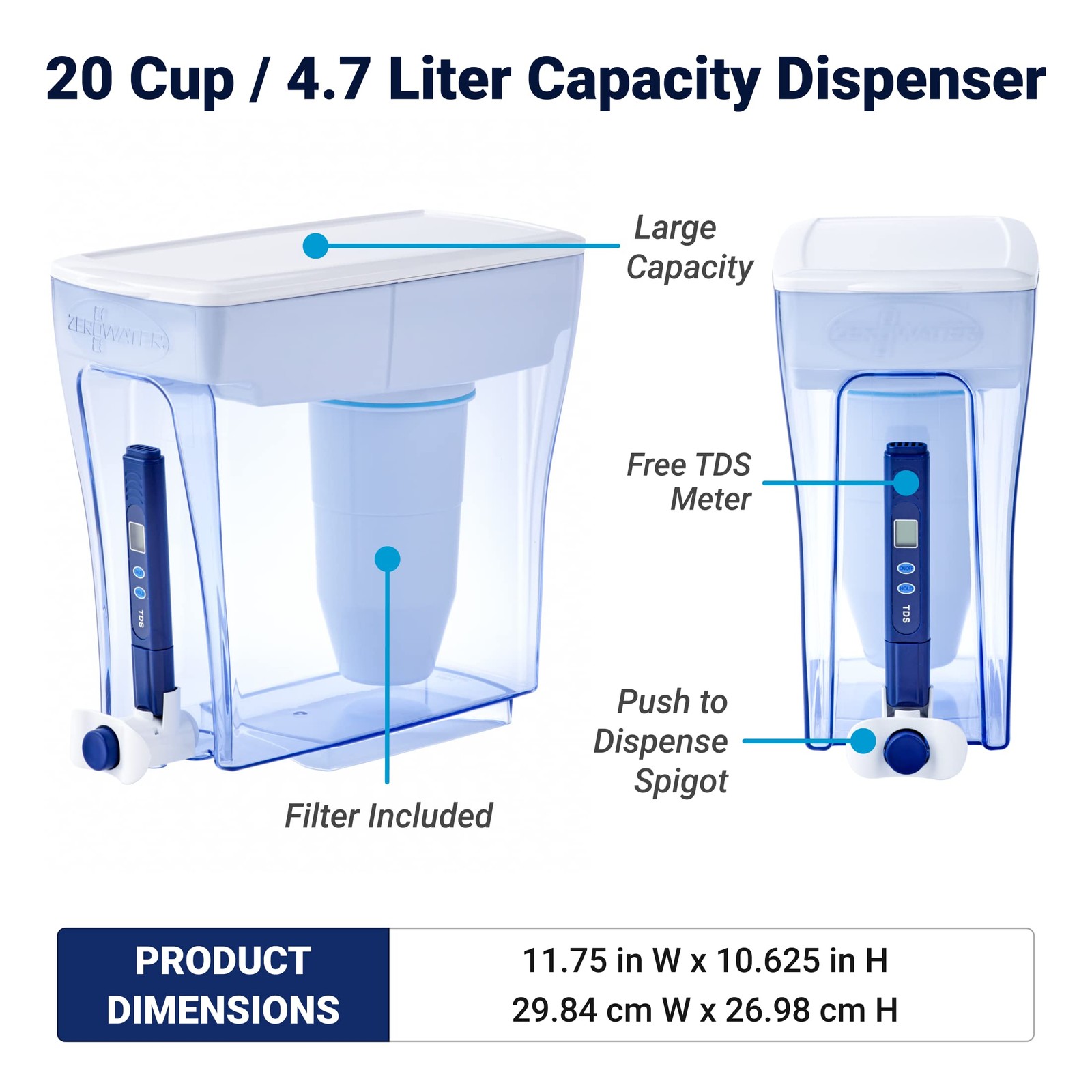 ZeroWater 20-Cup Ready-Pour 5-Stage Water Dispenser, White and Blue