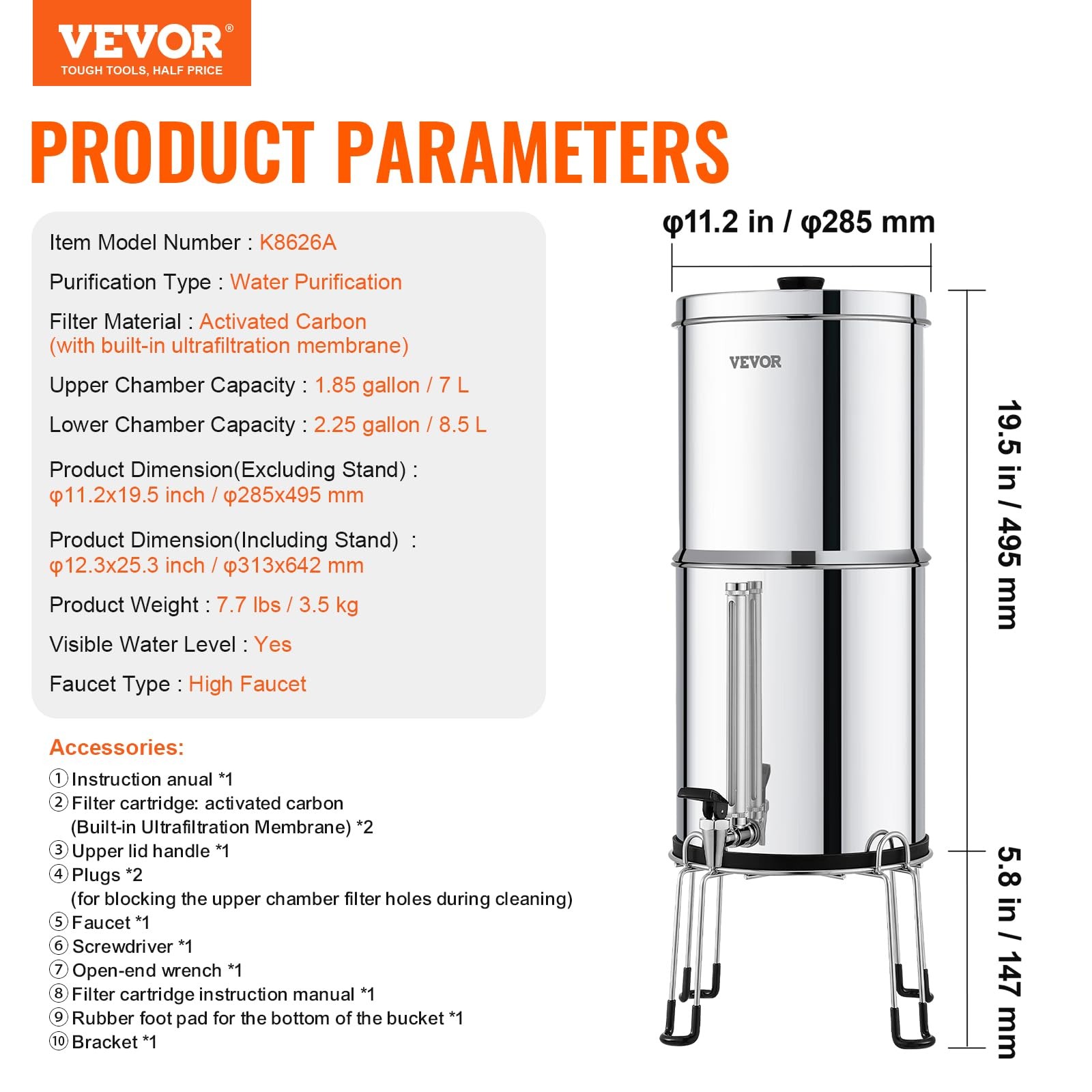 Gravity Water Filter System 2.25 Gallon Stainless Steel Countertop Filtration 2
