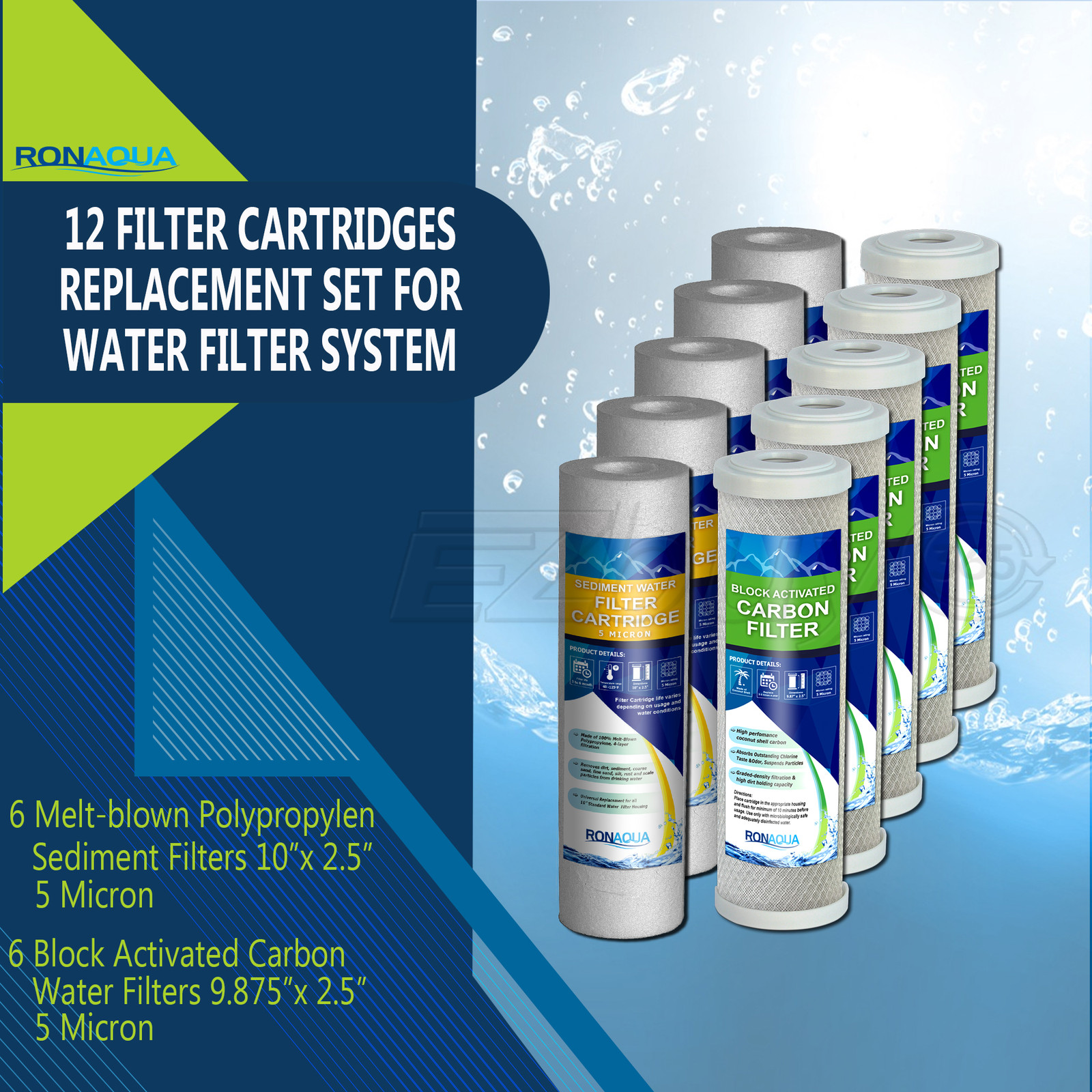 Reverse Osmosis Replacement Filters Set 2.5″ x 9.87″ Sediment & CTO Carbon Block