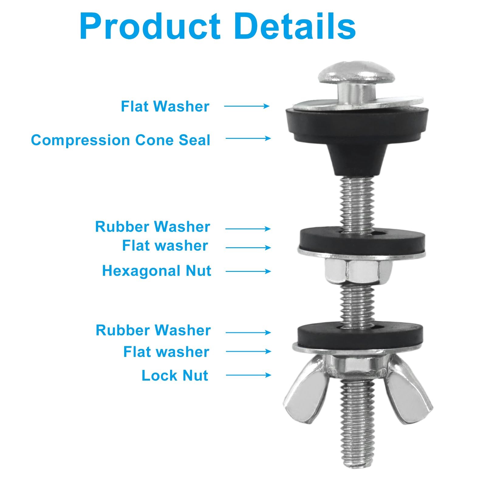 Universal Toilet Tank To Bowl Bolts Kit Stainless Steel Heavy Duty 4 PCS