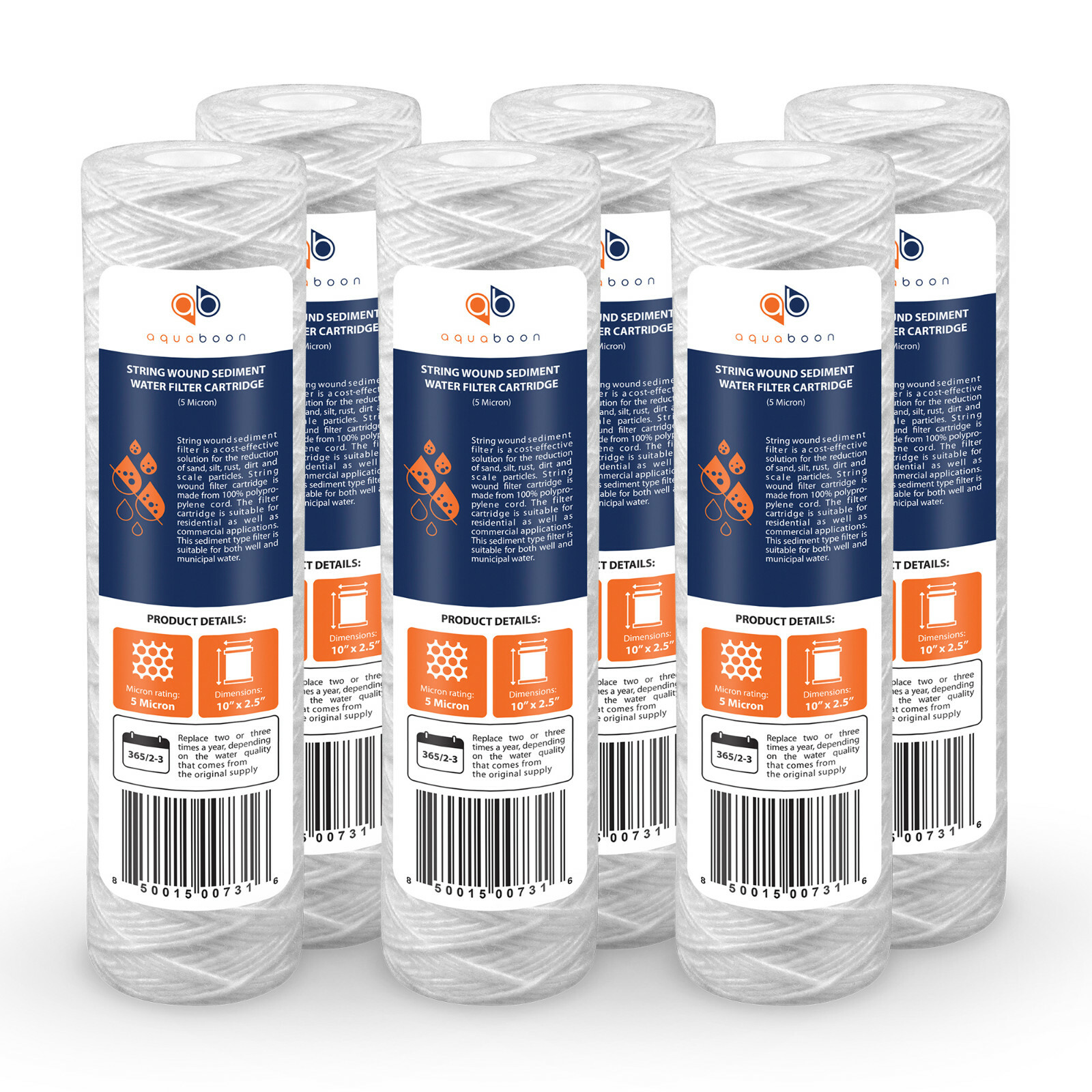 6-Pack of 5 Micron Wound String Sediment Water Filter Cartridges 10″x2,5″ for RO