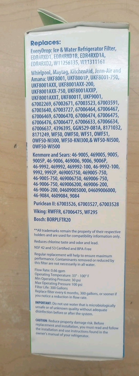 Great Value Replacement Refrigerator Water Filters for Whirlpool GF8001 EDR4RXD1