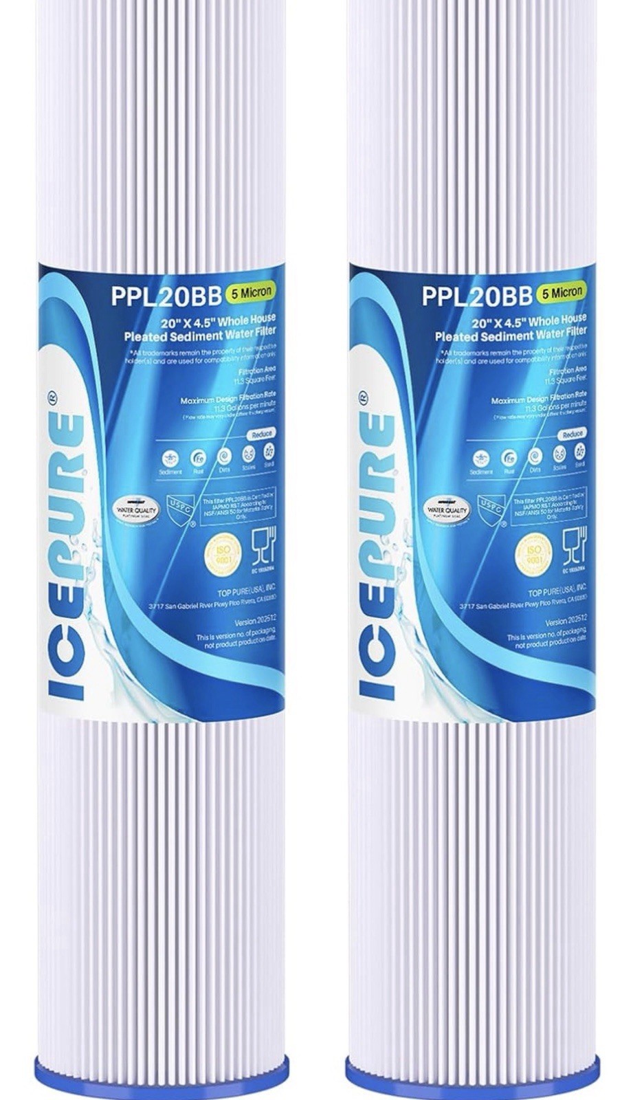 2PCS ICEPURE WHOLE HOUSE PLEATED SEDIMENT WATER FILTER REMOVES CHLORINE 20″X4.5″