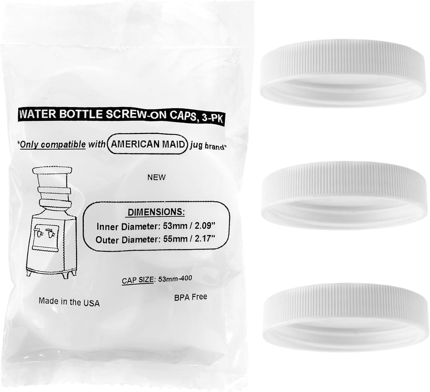 Threaded/Screw-On Caps for 3 and 5 Gallon Water Bottle Jugs (3 pk) White
