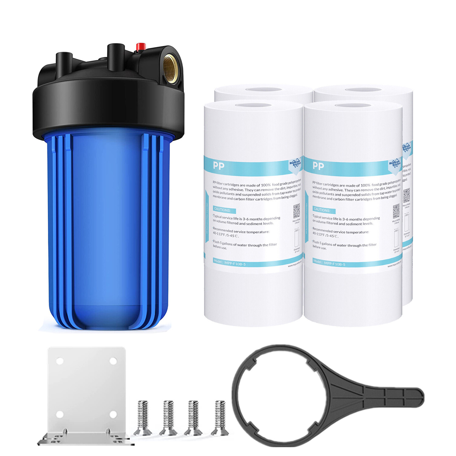 10″ x4.5″ Big Blue Whole House Water Filter Housing System w/ 4 Sediment Filters