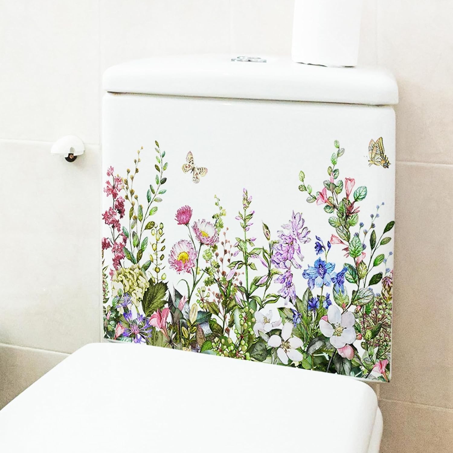 Green Plant Leaves Flowers Stickers -Adhesive Bathroom Wall Sticker, Lid Deca…