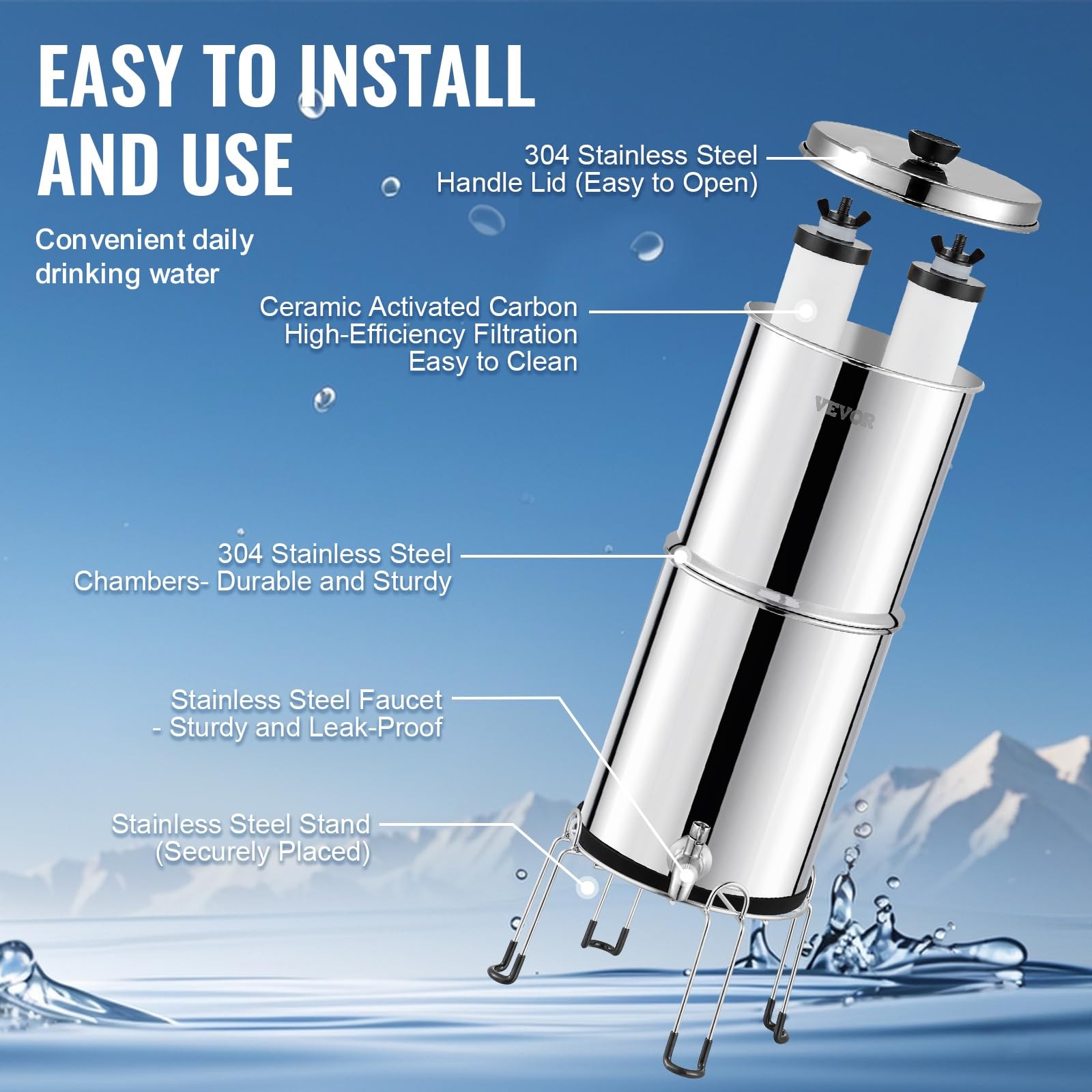 Stainless Steel Gravity Water Filter 2.25 Gallon Ceramic Carbon Countertop Porta