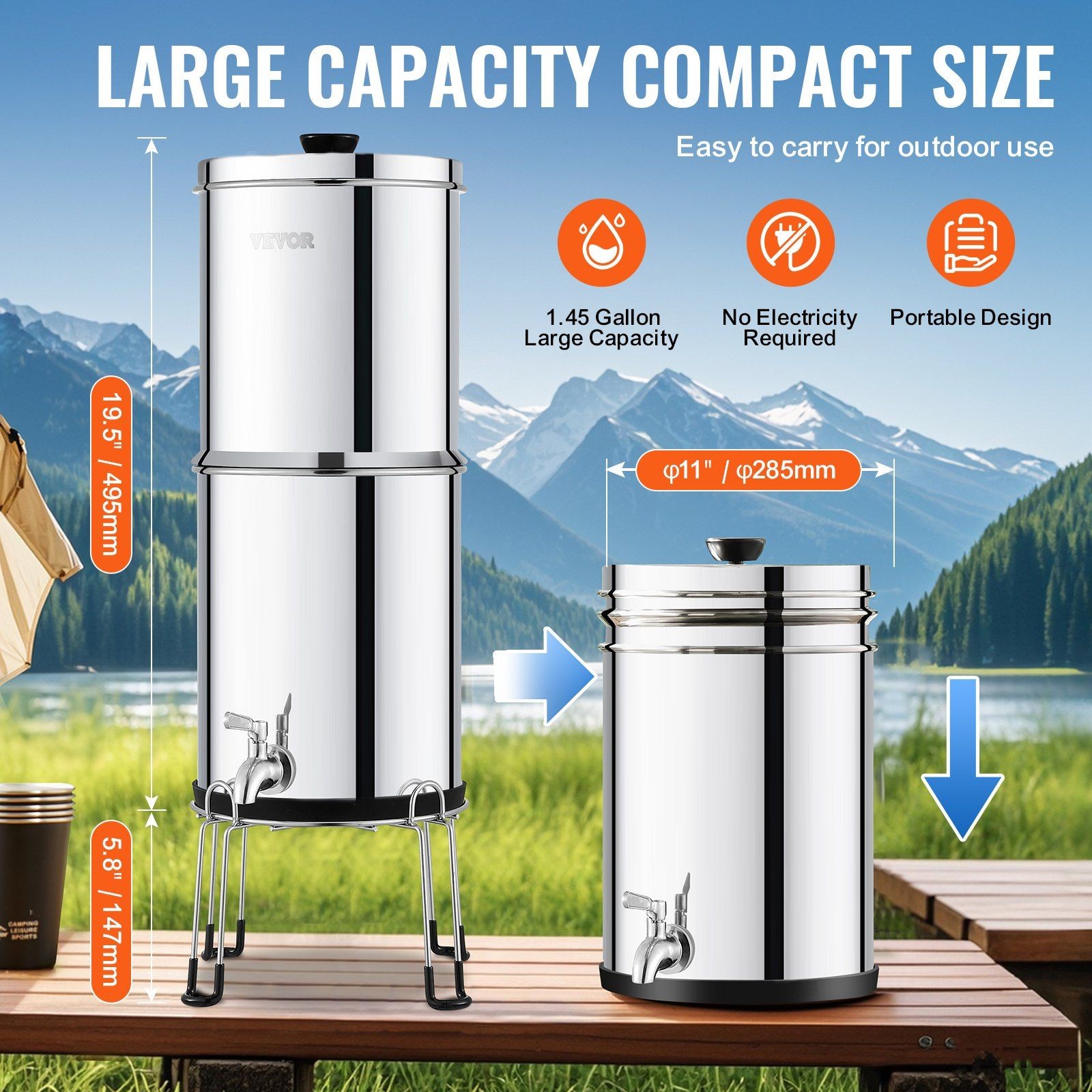 2.25G Heavy-Metal Reducing Gravity Filter 304 SS w/Carbon & Spigot