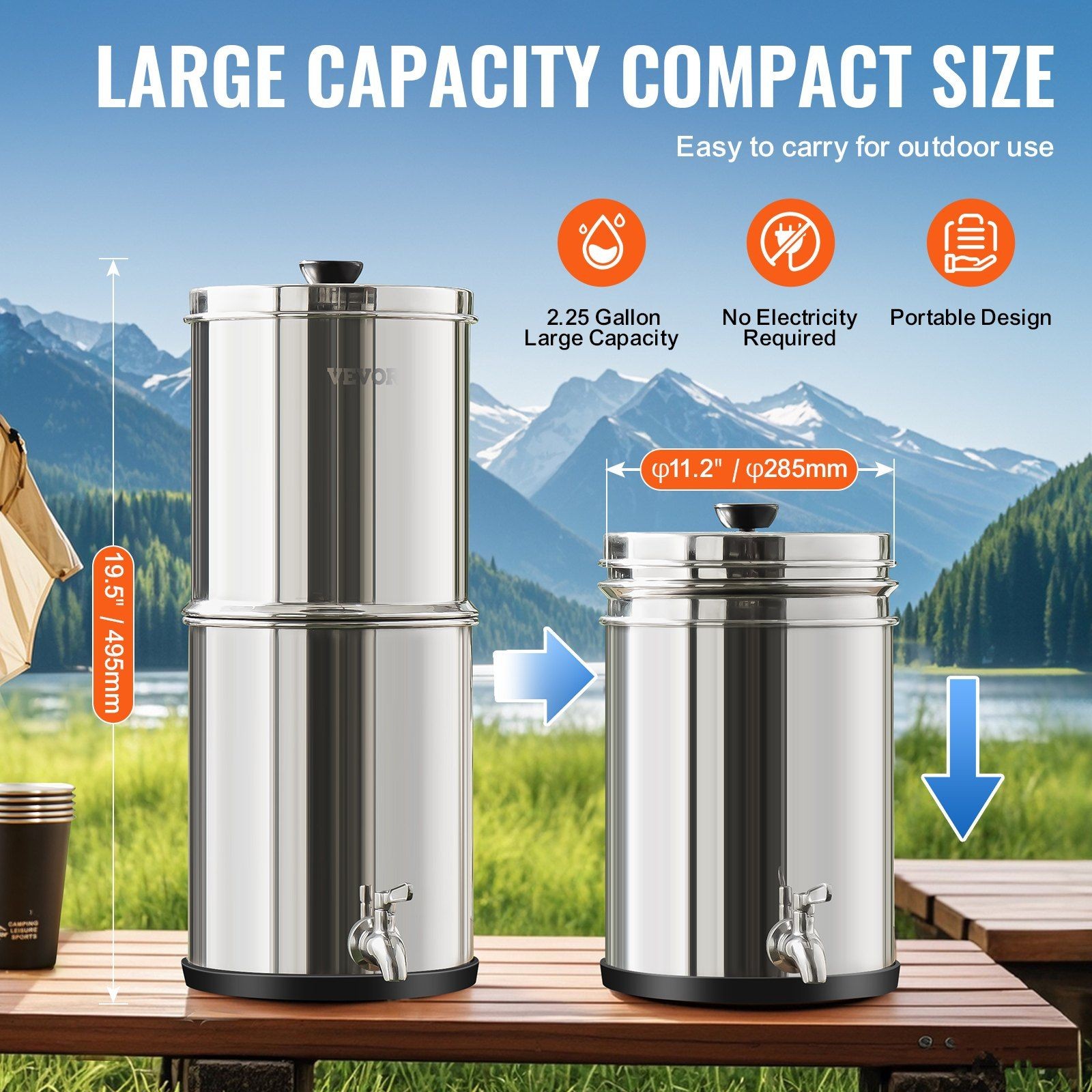 2.25G Portable Gravity-fed Water Filter 304 Stainless Steel w/2 Carbon Filters