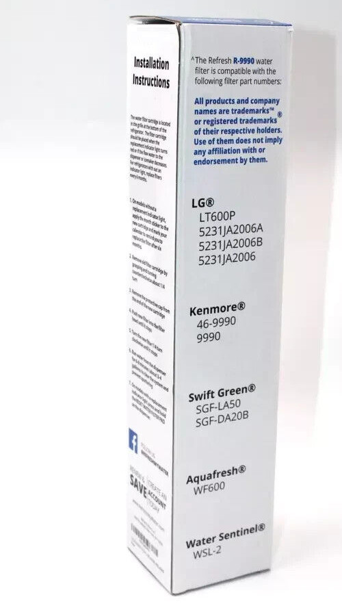3 pack Refresh Waterdrop Filter R-9990-S LG LT600P & 5231JA2006A Refrigerators