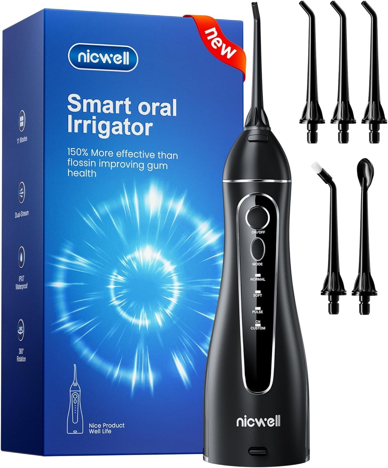 Nicwell Water Dental Flosser for Teeth – 4 Modes & 1 Count (Pack of 1), Black