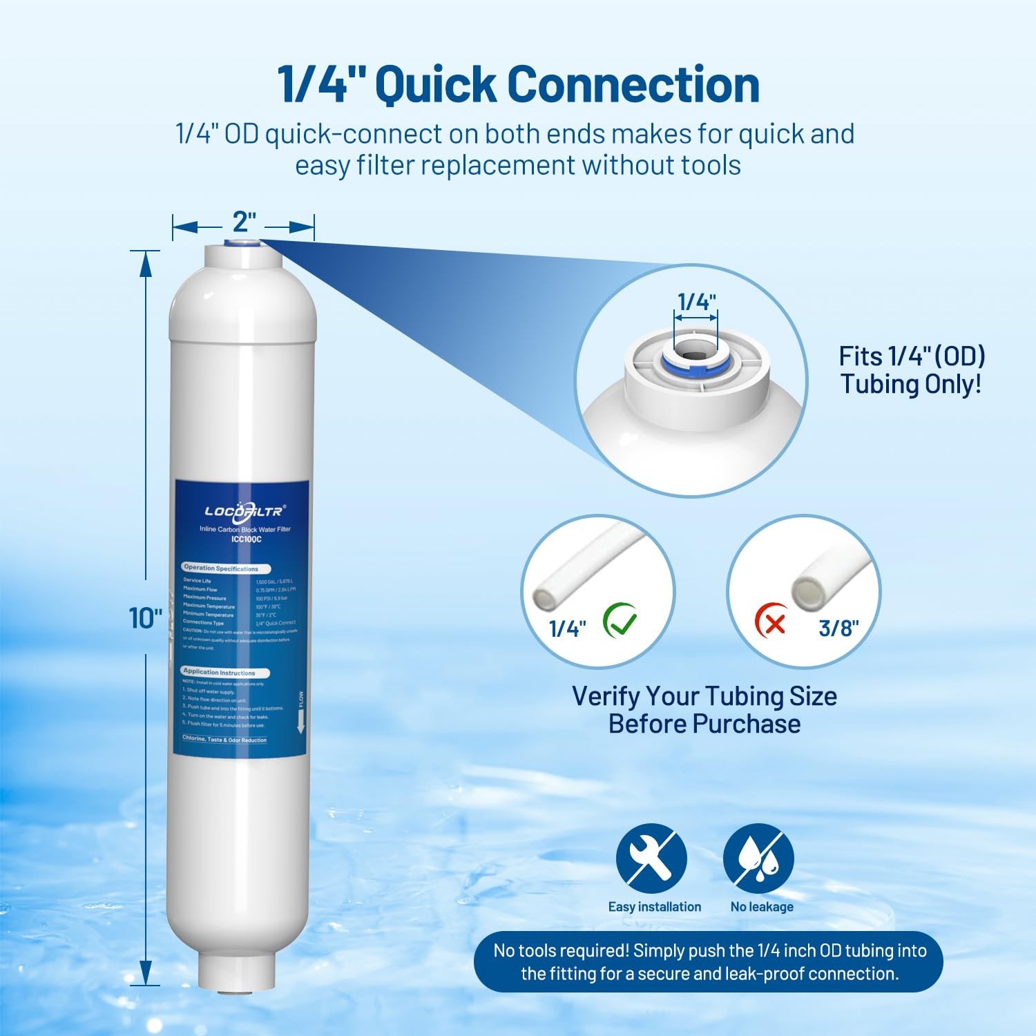 Inline Activated Carbon Block Water Filter with 1/4″ Quick Connect, T33 In Li…