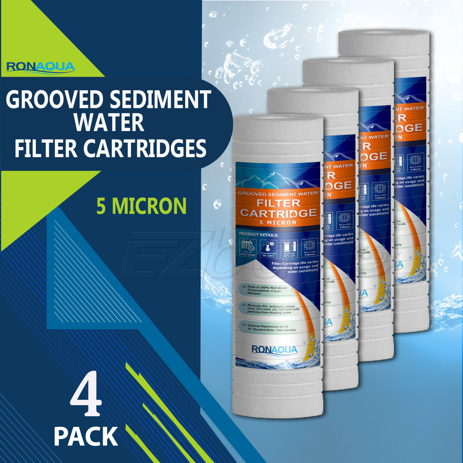 4 Pack Grooved Sediment 5 Micron Water Filters Cartridge 2.5″ x 10″