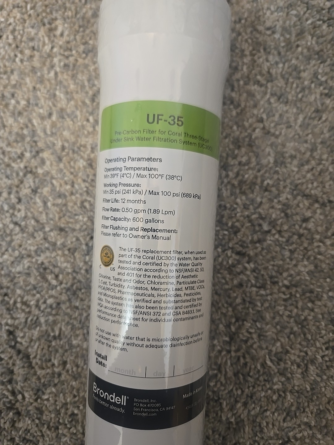 BRONDELL UF-35 CORAL CARBON BLOCK FILTER (GREEN) SEALED read
