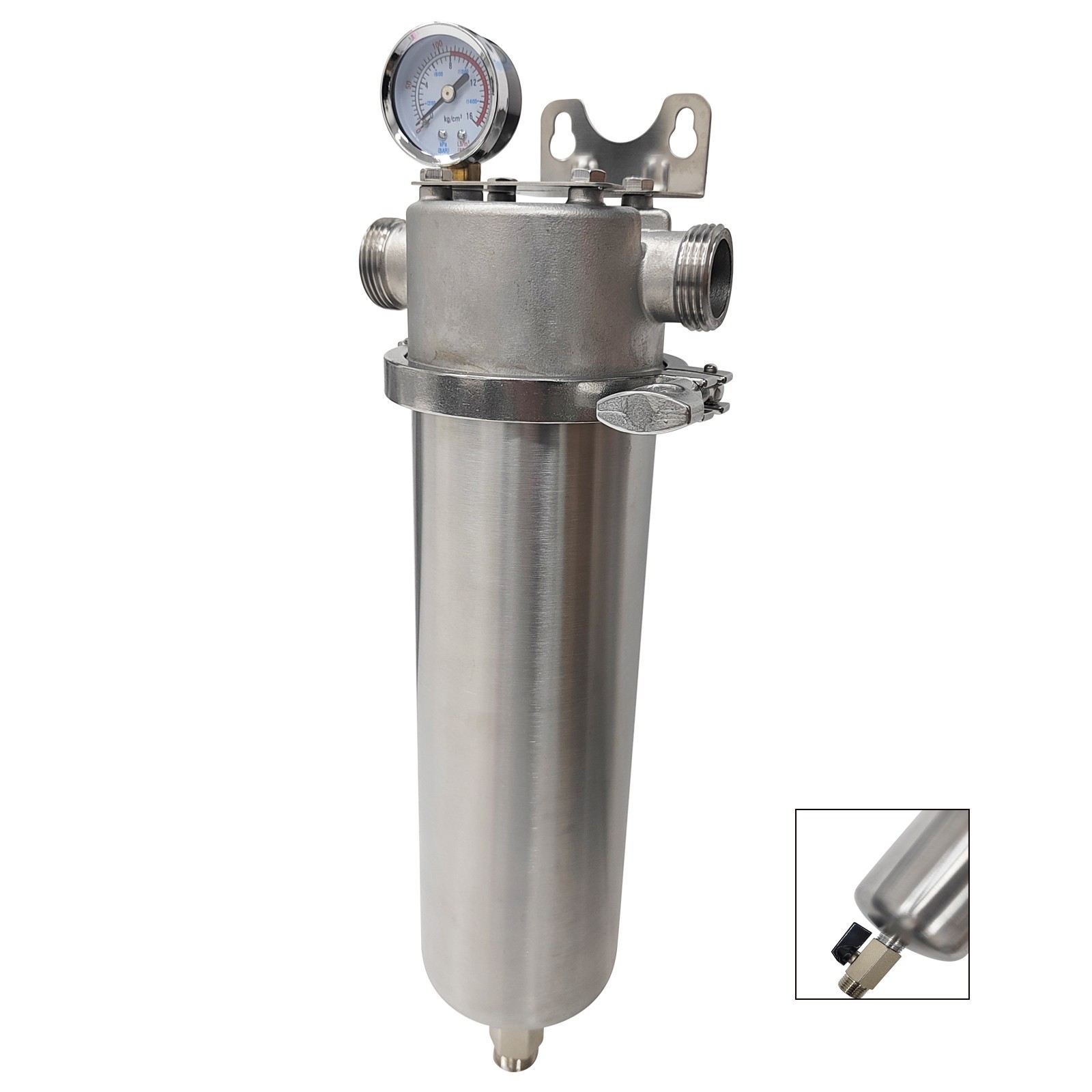 Stainless Filter with Clamp&Water Pressure Gauge 1/2 «Drain Port 1″NPT 8000L/h