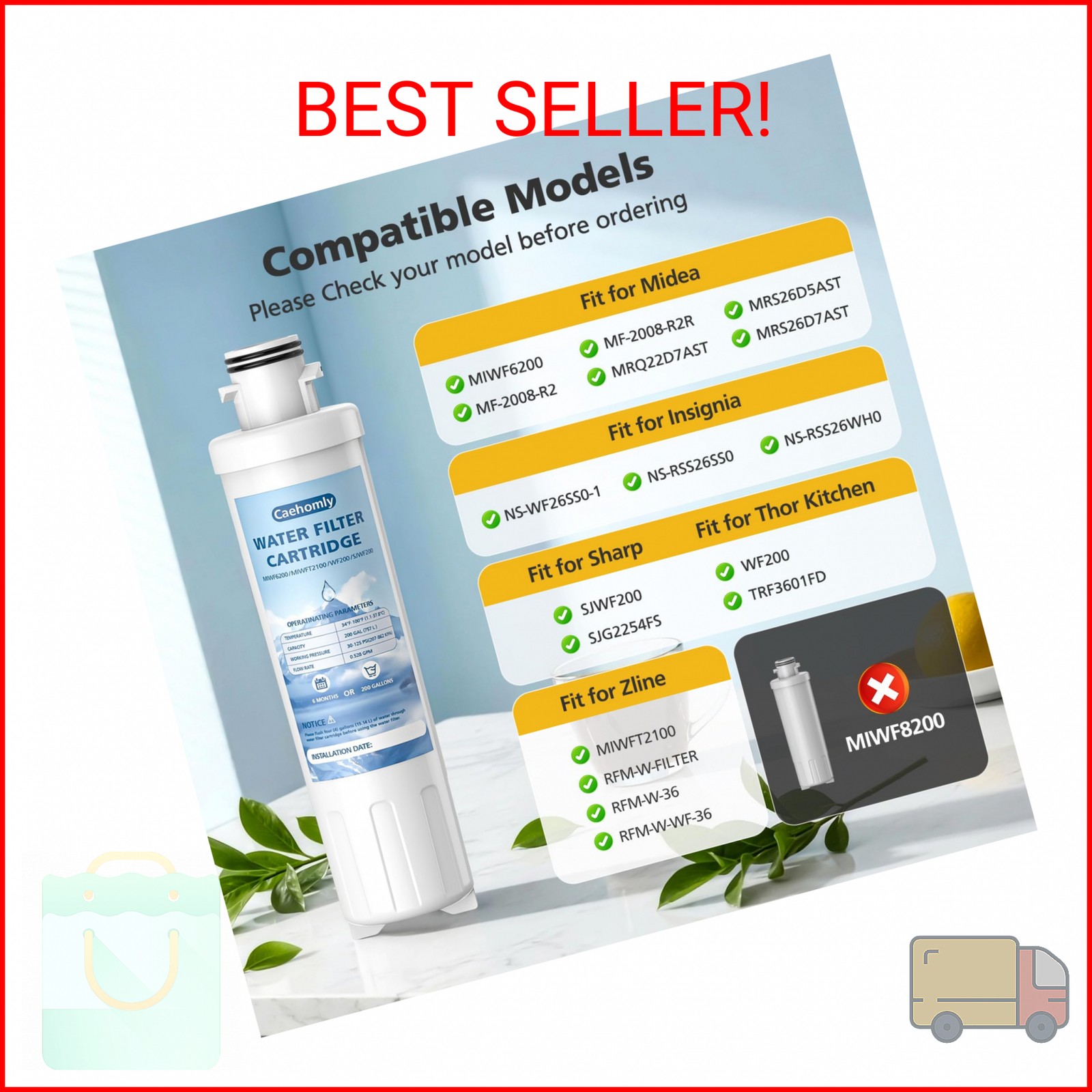 2 PACK MIWF6200 Water Filter Cartridge Compatible with Midea MRS26D5AST, MIWF620