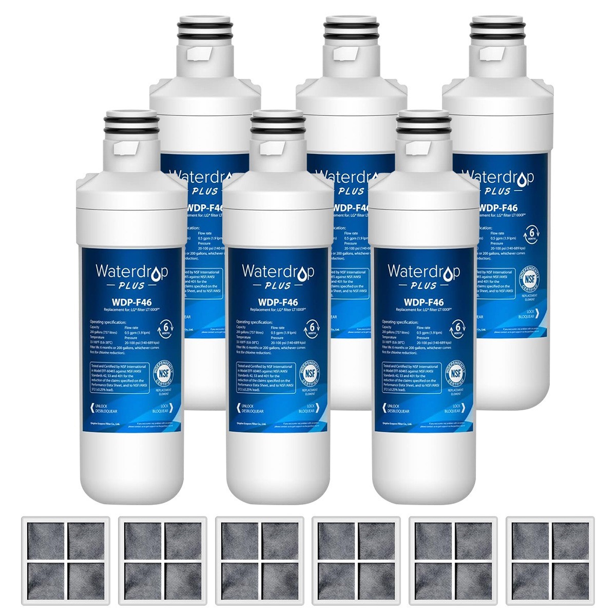 Waterdrop Plus LT1000PC NSF 401 Refrigerator Water Filter and Air Filter 6 Combo