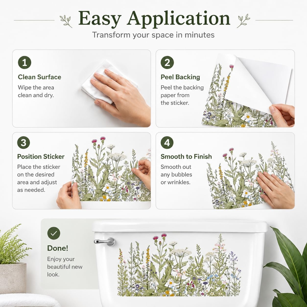 Waterproof Plant Leaves Flowers Seat Lid Stickers, Floral Bathroom Wall Stick…