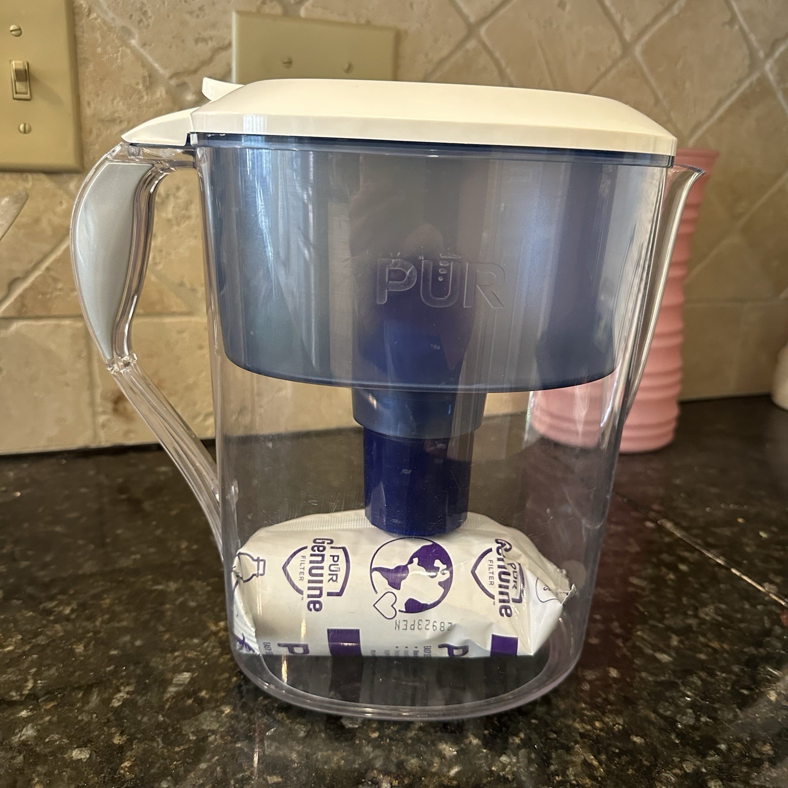 PUR 7 Cup Pitcher Filtration System, White and Blue, Dispenser Jug With Handle