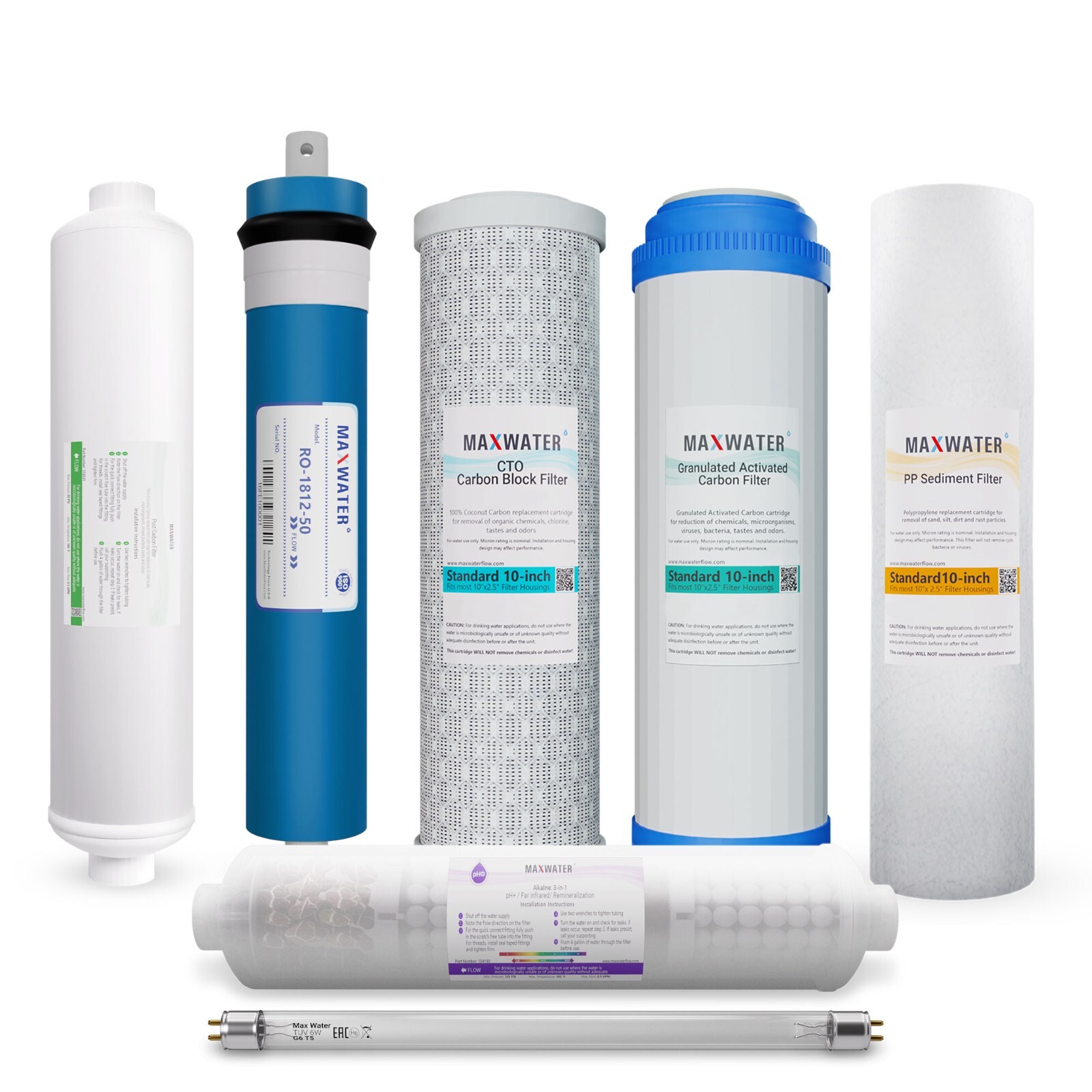 9 Stage RO System Filter Set 3 in1 Alkaline UV 2 Pins Bulb + 50GPD Membrane