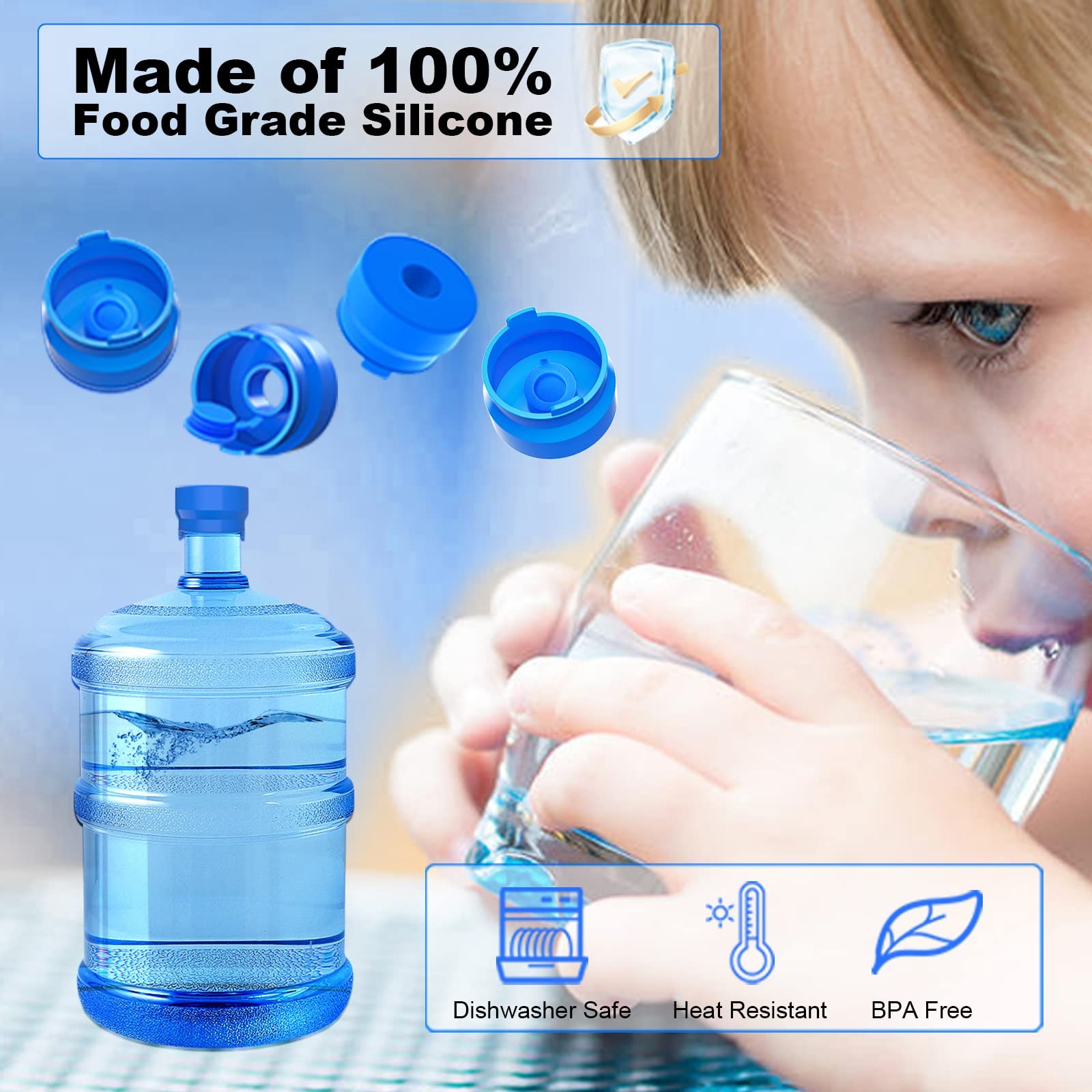 MYLOLF 3 & 5 Gallon Water Jug Cap, 3 Pack Reusable Food Grade Silicone Blue