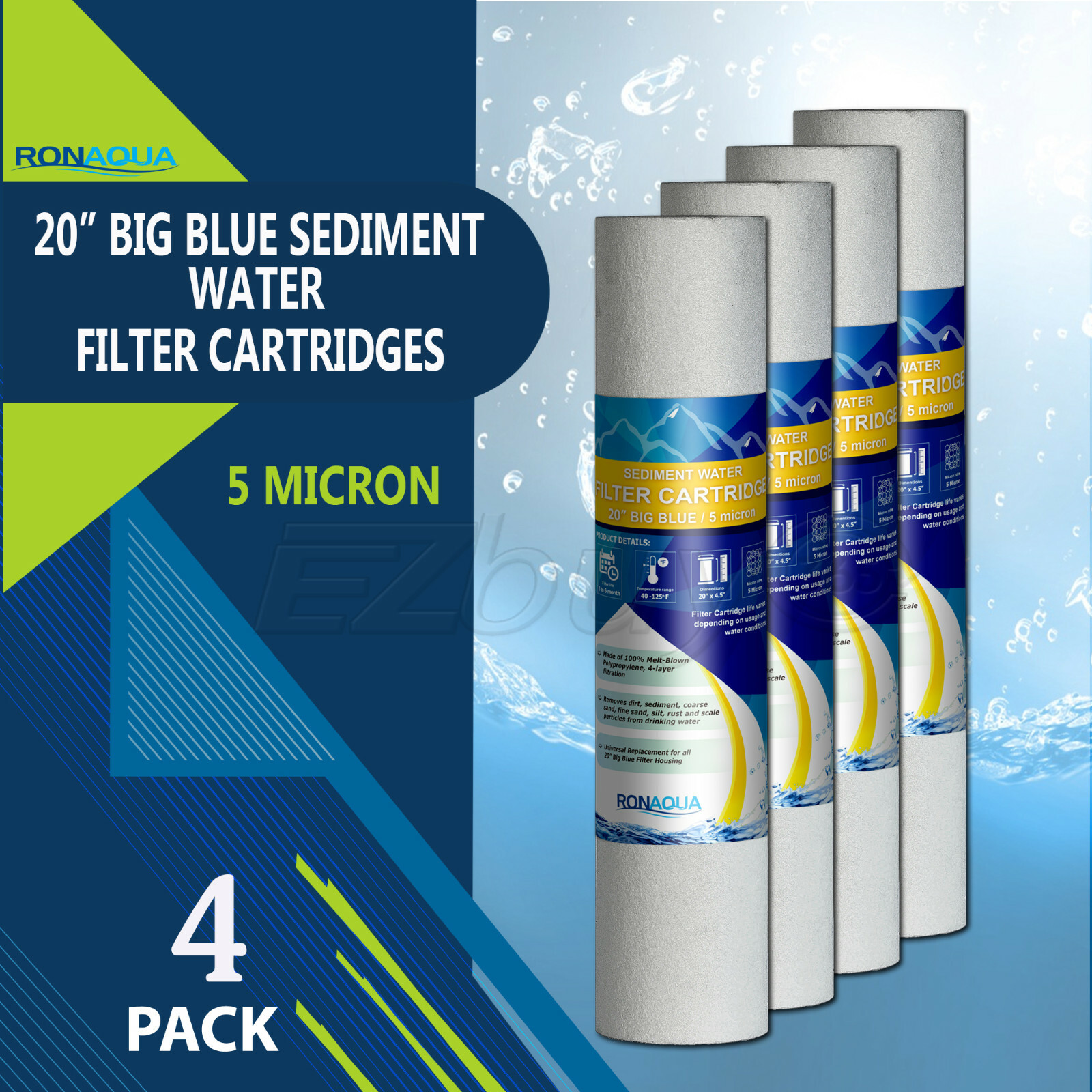 4.5″ x 20″ Big Blue Sediment Water Filters (5 Micron) 4 Whole House Cardridges