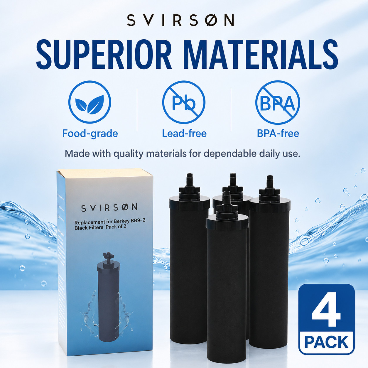 4 Pack BB9-2 Black Water Filter Replacement for Berkey Gravity System
