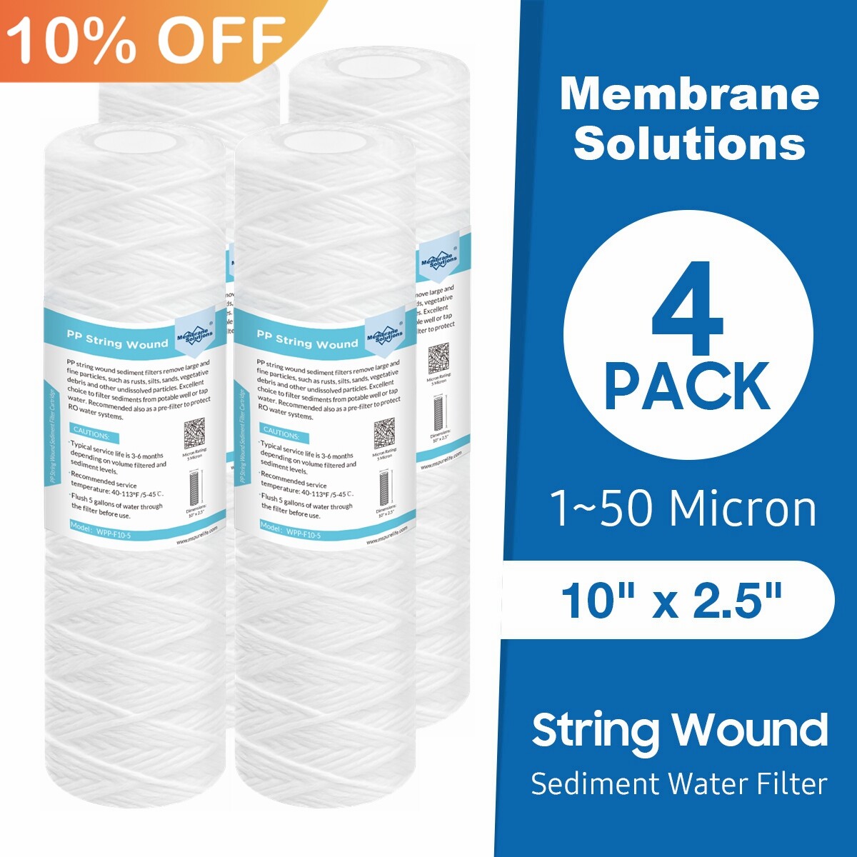4 Pack 2.5″ x 10″ String Wound Sediment Water Filter Whole House RO Replacement