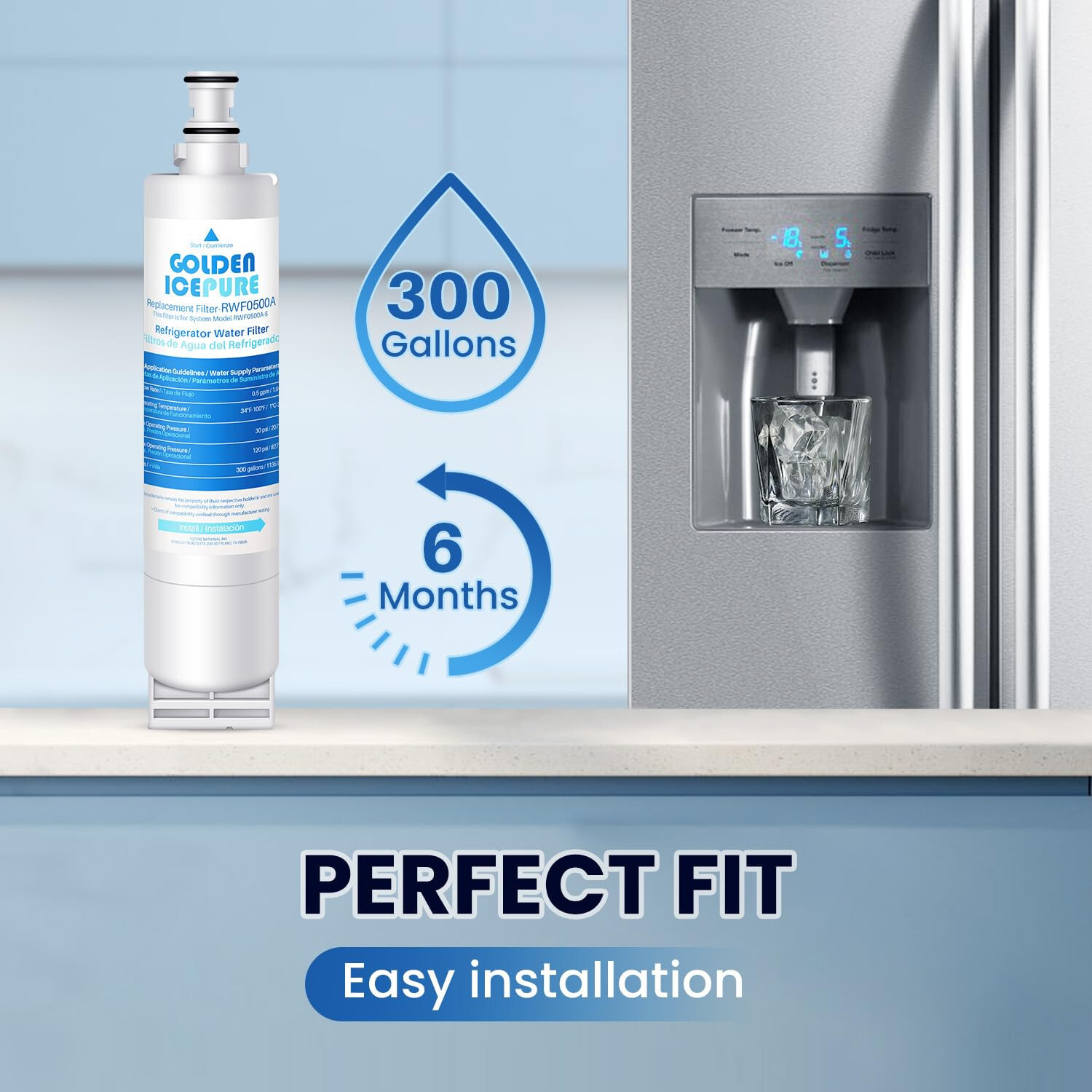 GOLDEN ICEPURE RWF0500A Refrigerator Water Filter Replacement for 4396508, 2PACK