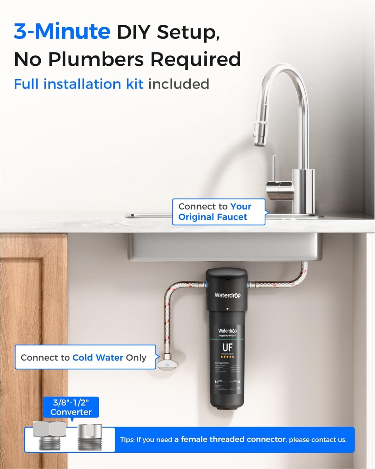Waterdrop 10UA-UF Under Sink Water Filter, 0.01 μm Ultra Filtration, 8K Gallons