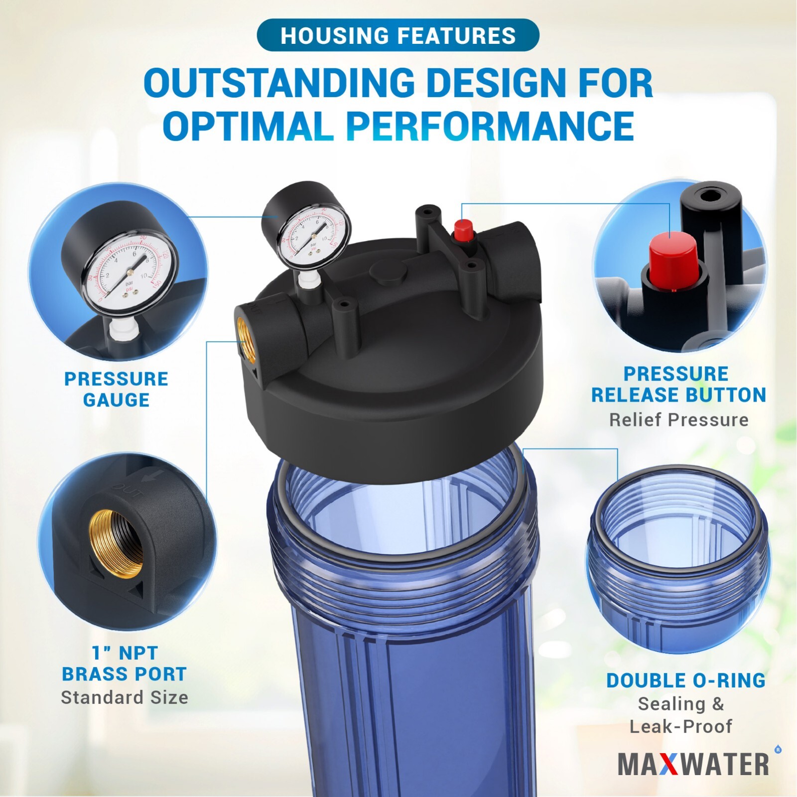 Max Water Whole House 1 Stage 20″ Big Blue with Sediment filter,1″ NPTF Gauge