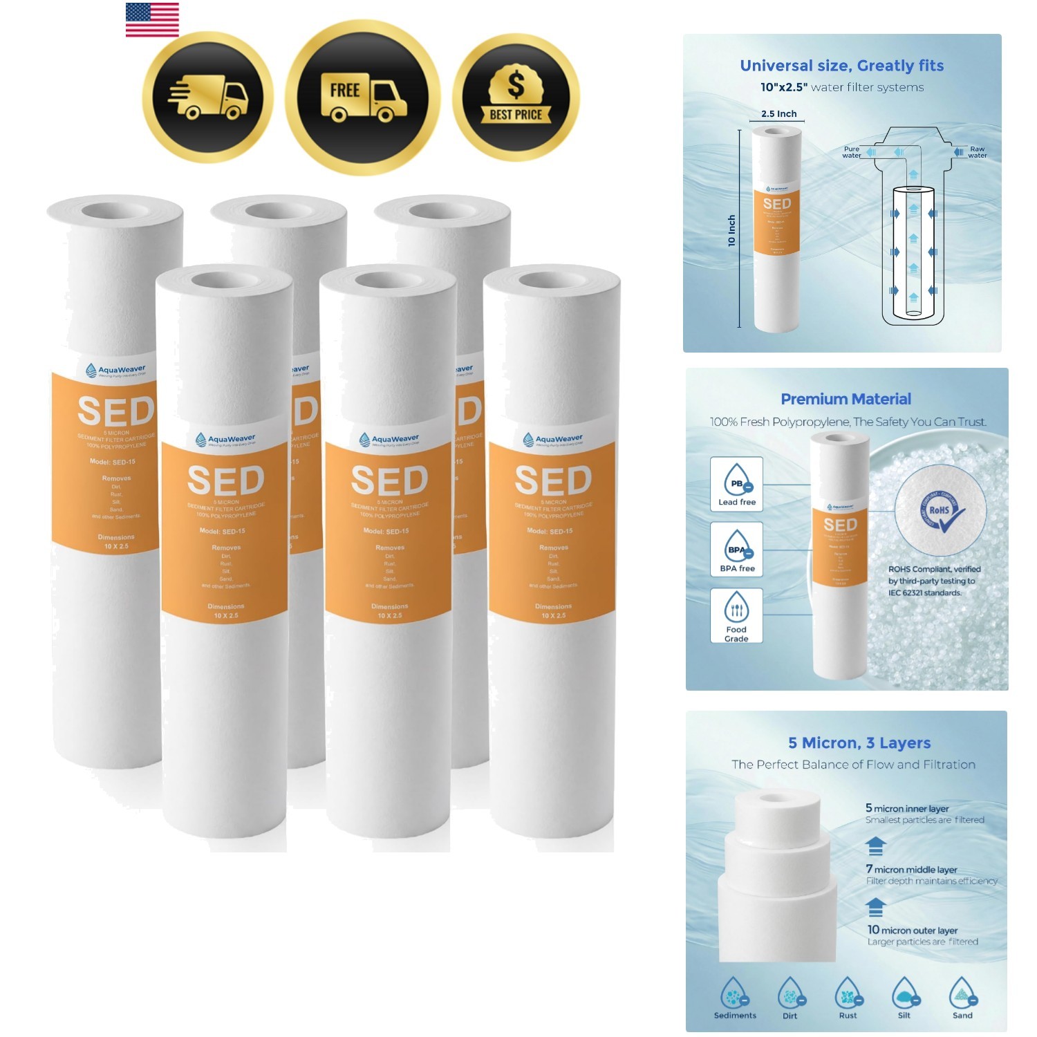 Sediment Water Filter Cartridge 10 Inch 5 Micron 6 Pack for Whole House Filtr…