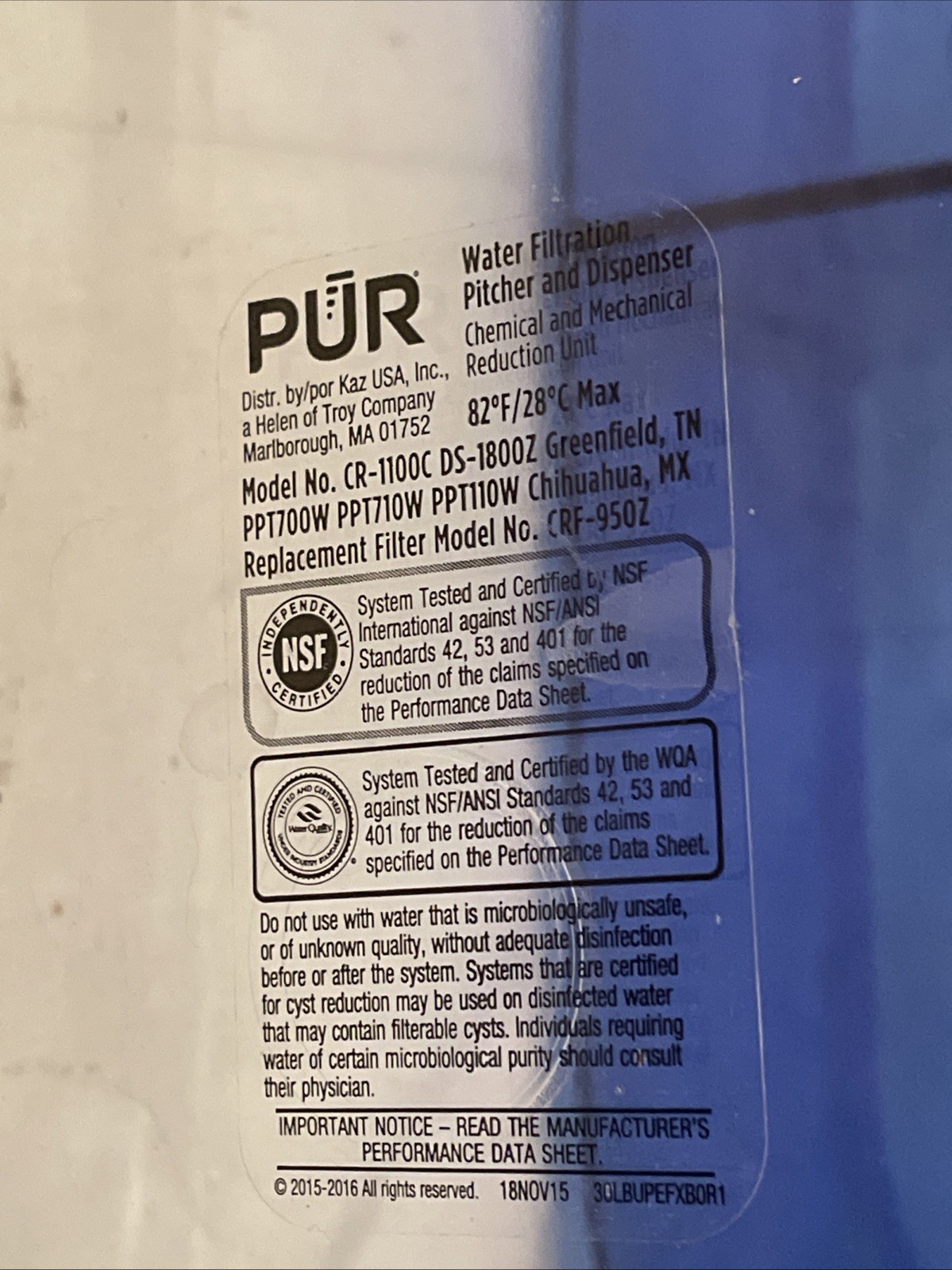 PUR Classic 30-Cup Water Dispenser Filtration System – Blue/White