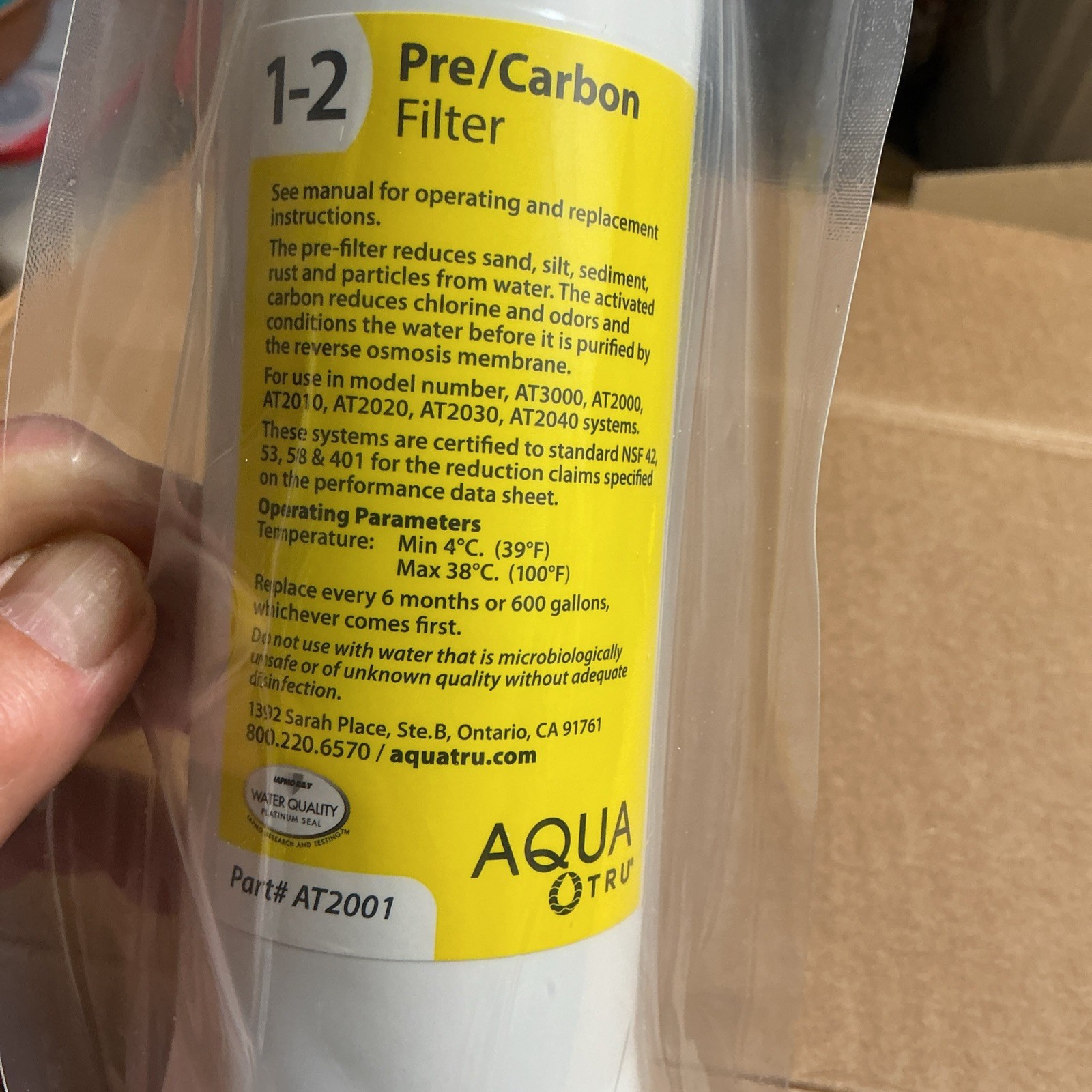 AquaTru Replacement Pre/Carbon Water Filter Stages 1-2 NWB Part AT2001