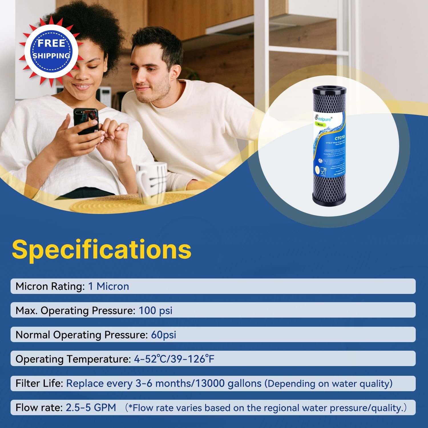 EXCELPURE 1 Micron 10 x 25 Water Filter Cartridge 4PACK Compatible with iPhone