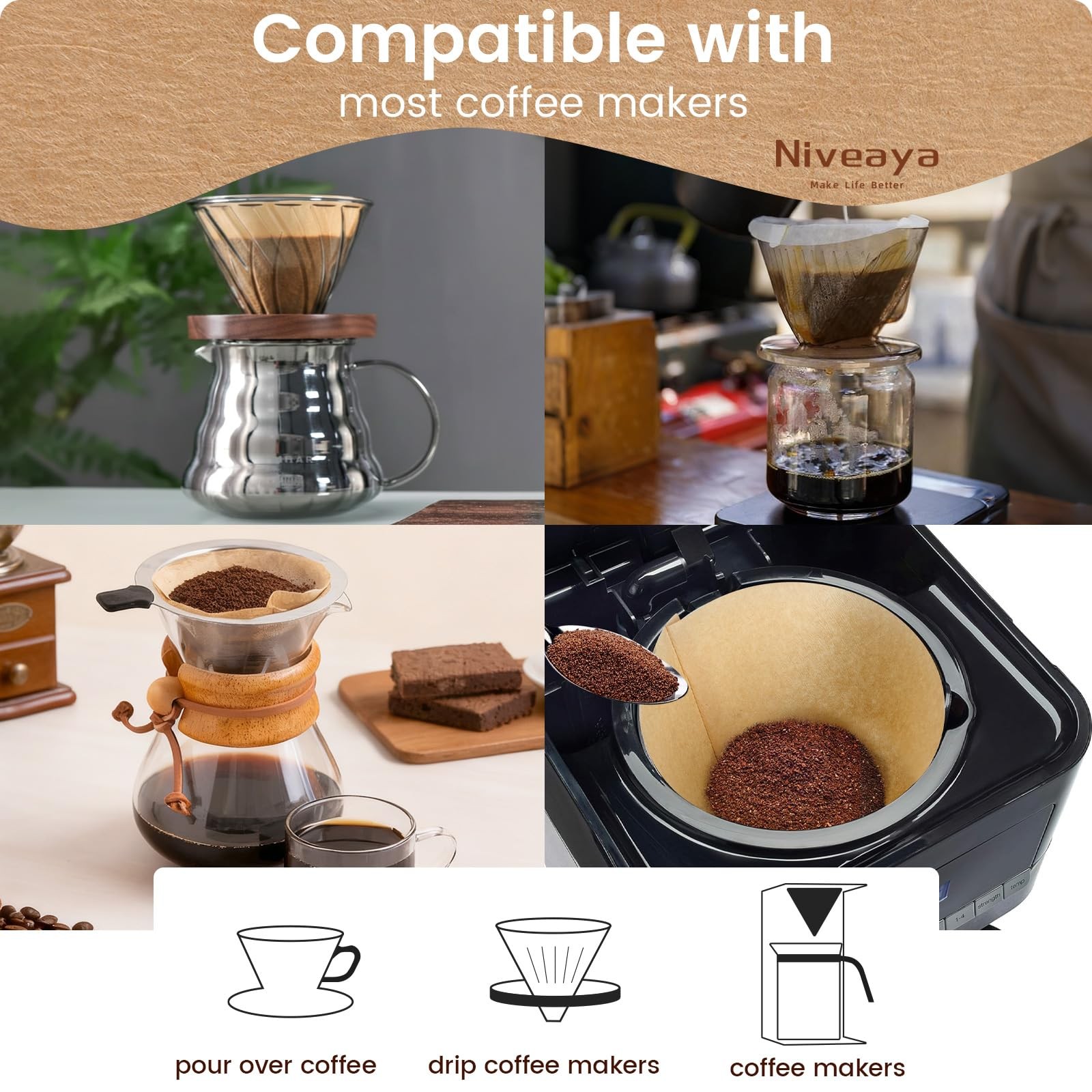 Niveaya 200 Count Coffee Filters #4, Unbleached Natural 04, natural brown