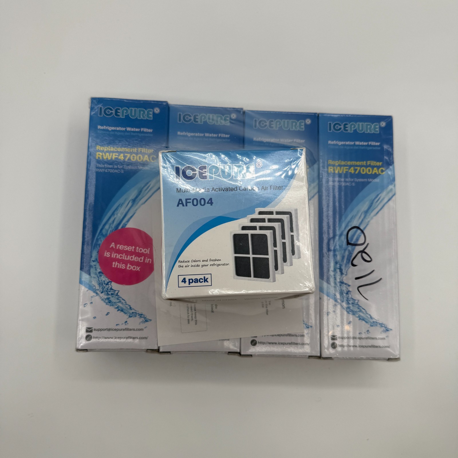 Icepure RWF4700AC Water Filter 4 Pack AND AF004 Carbon Air Filter 4 Pack SEALED