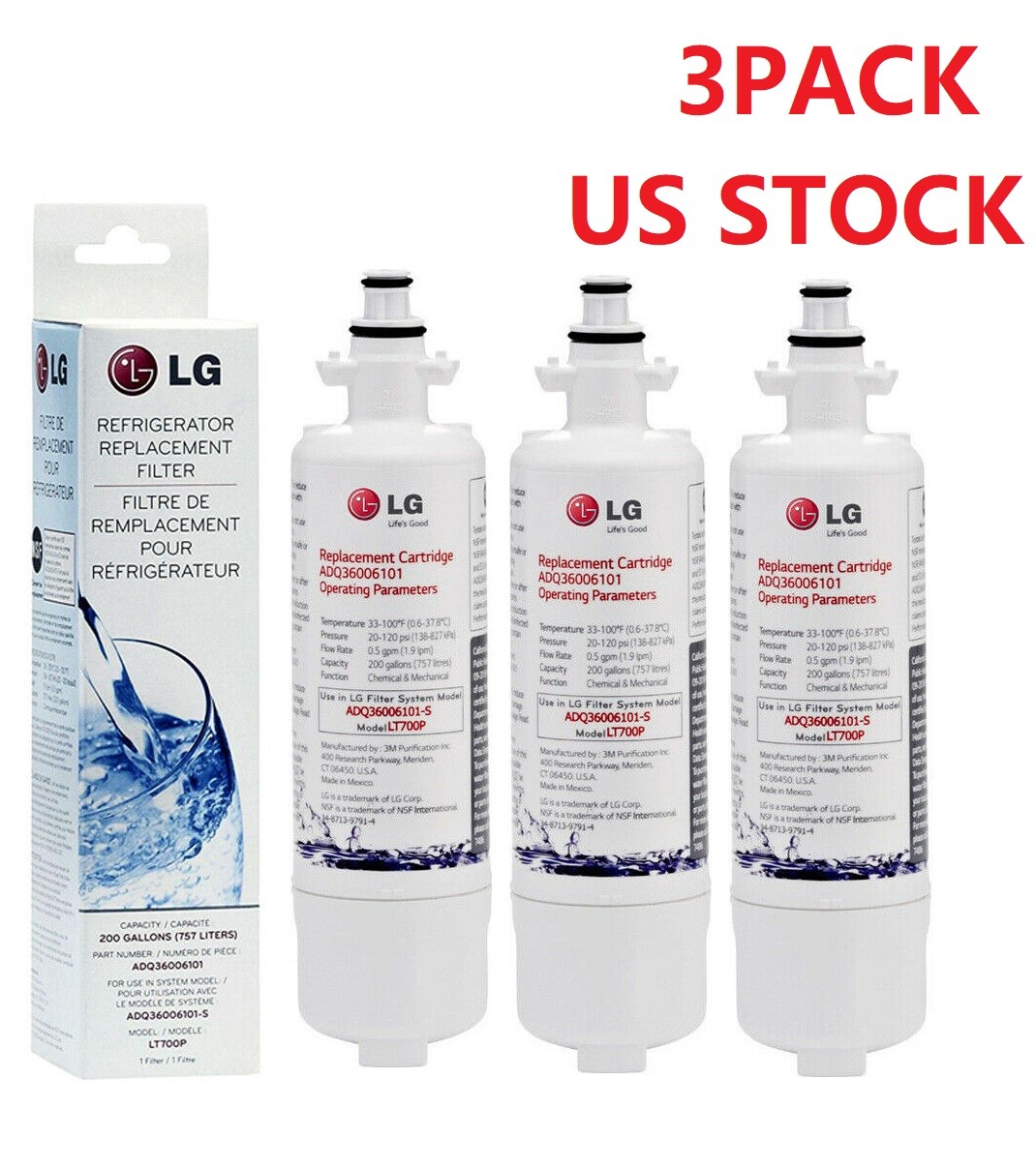 3 PACK!!! LT700P Water Filter Fit LG LT700P ADQ36006101 Kenmore 9690 46-9690