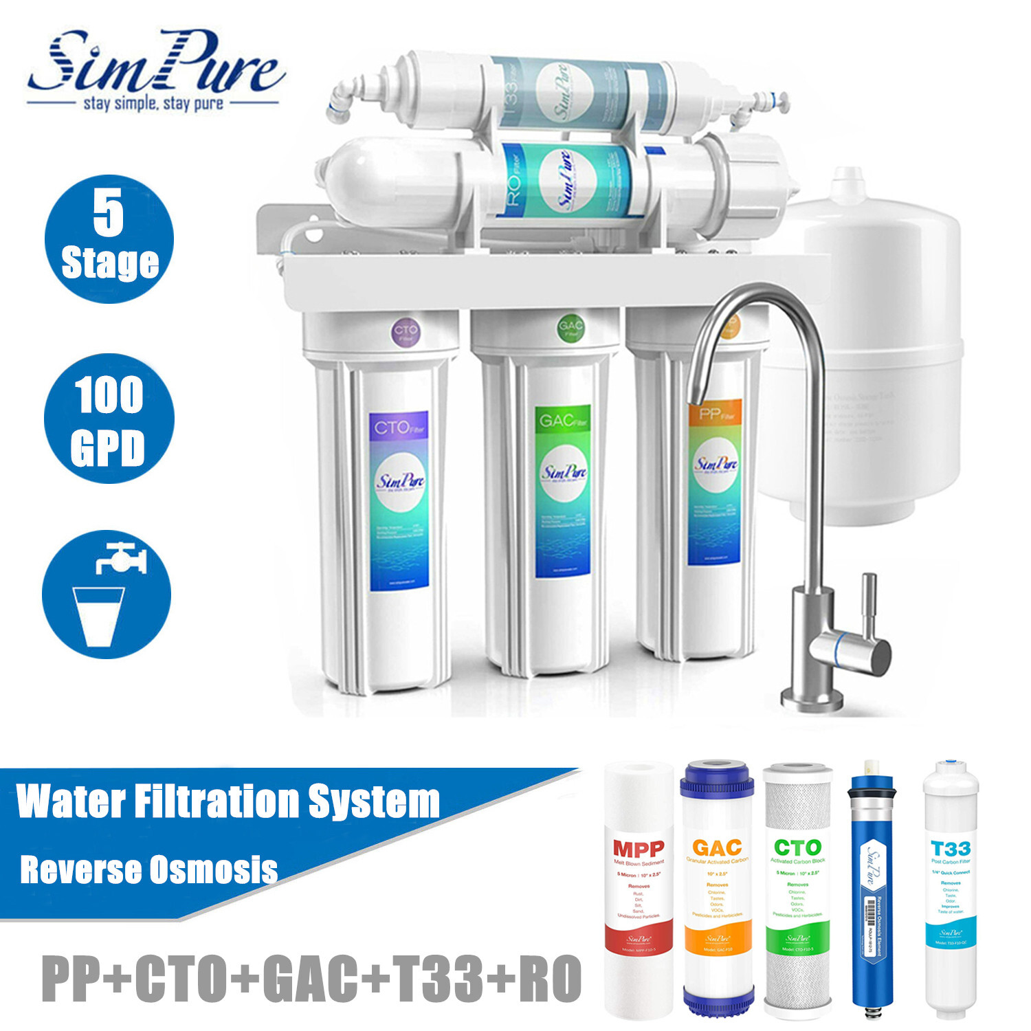 Simpure 100 GPD 5 Stage Reverse Osmosis Water Filtration System Undersink Filter